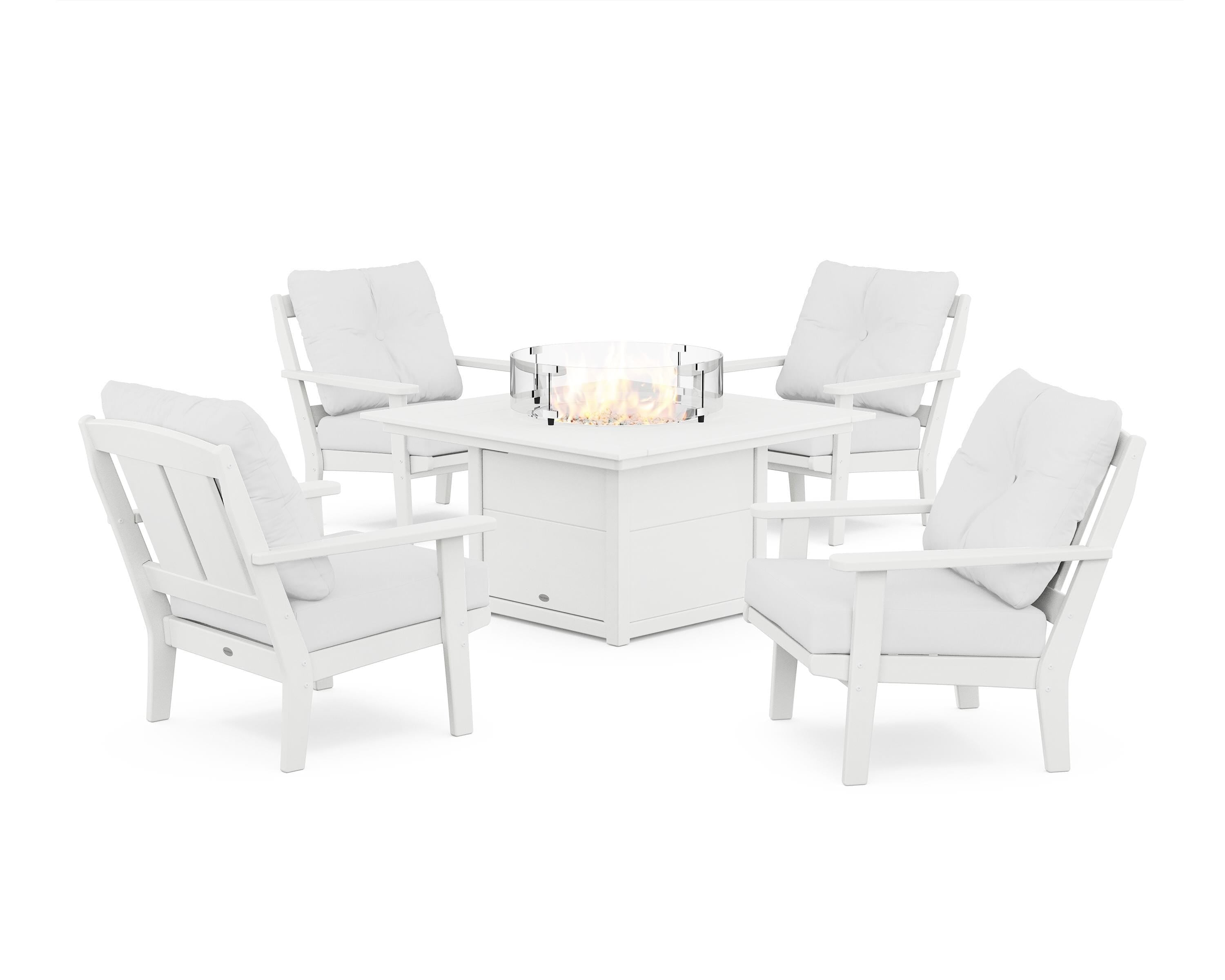 POLYWOOD Mission 5-Piece Deep Seating Set with Fire Pit Table in White / Natural