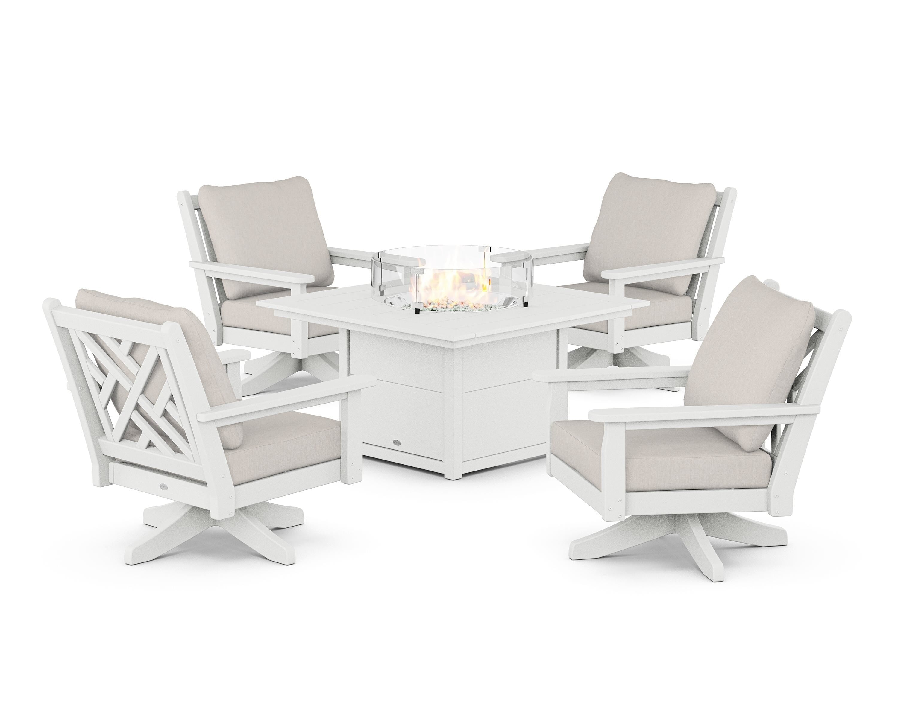 POLYWOOD Chippendale 5-Piece Deep Seating Swivel Conversation Set with Fire Pit Table in White / Cast Ash