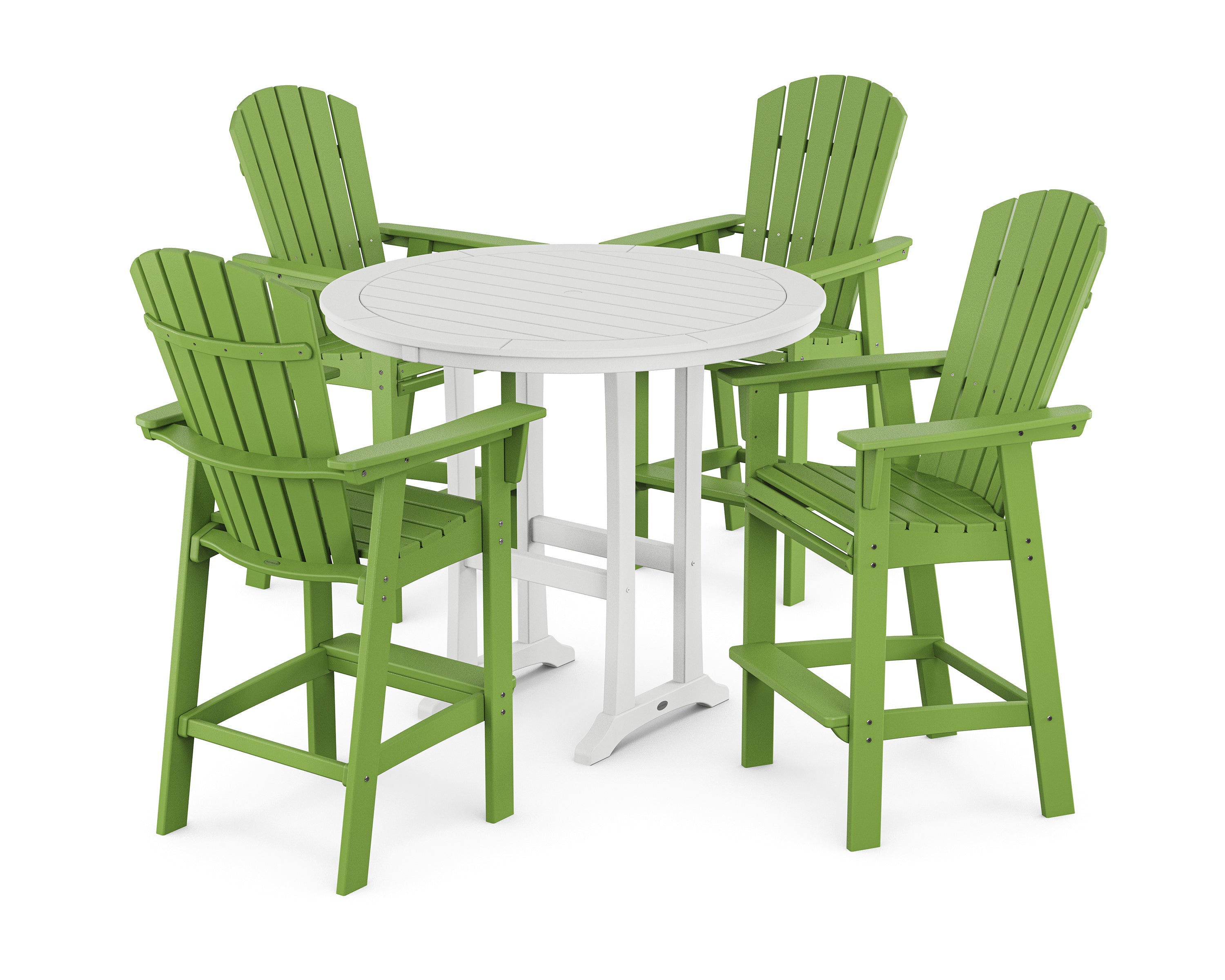 POLYWOOD® Nautical Curveback Adirondack 5-Piece Round Trestle Bar Set in Lime / White