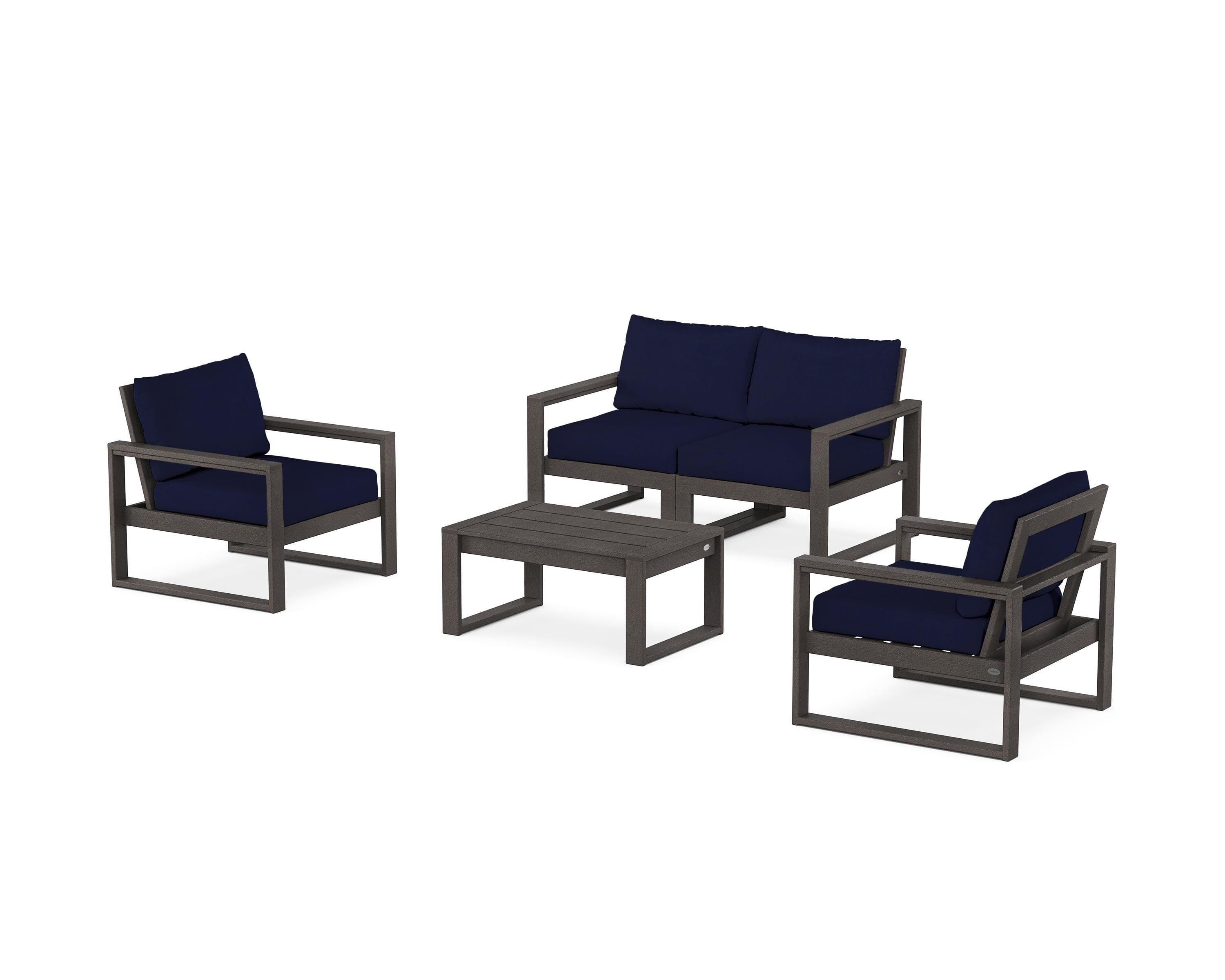 POLYWOOD EDGE Sectional 4-Piece Deep Seating Set with Loveseat in Vintage Coffee / Navy