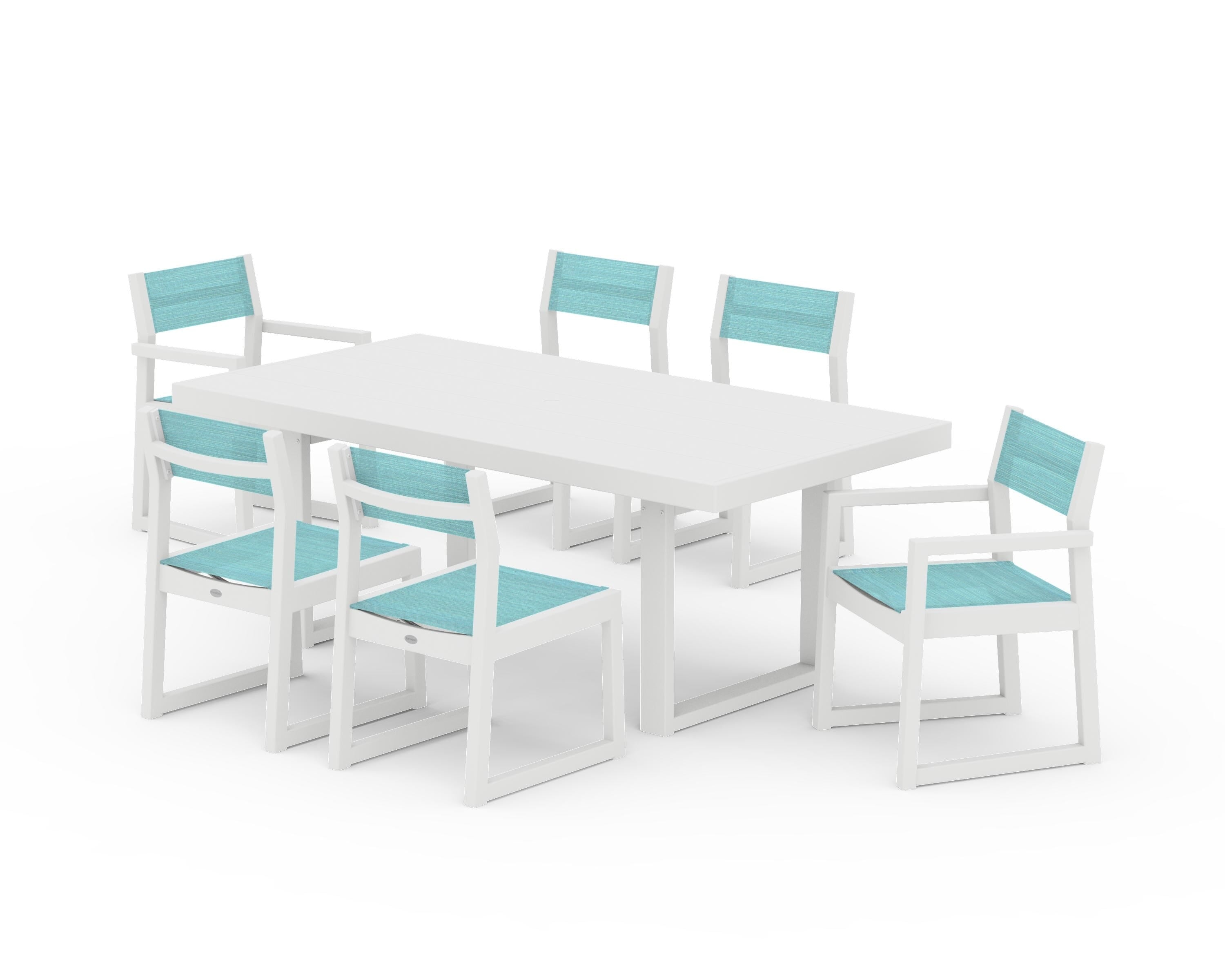 POLYWOOD EDGE Sling 7-Piece Dining Set in White / Dupioni Aquamarine Sling