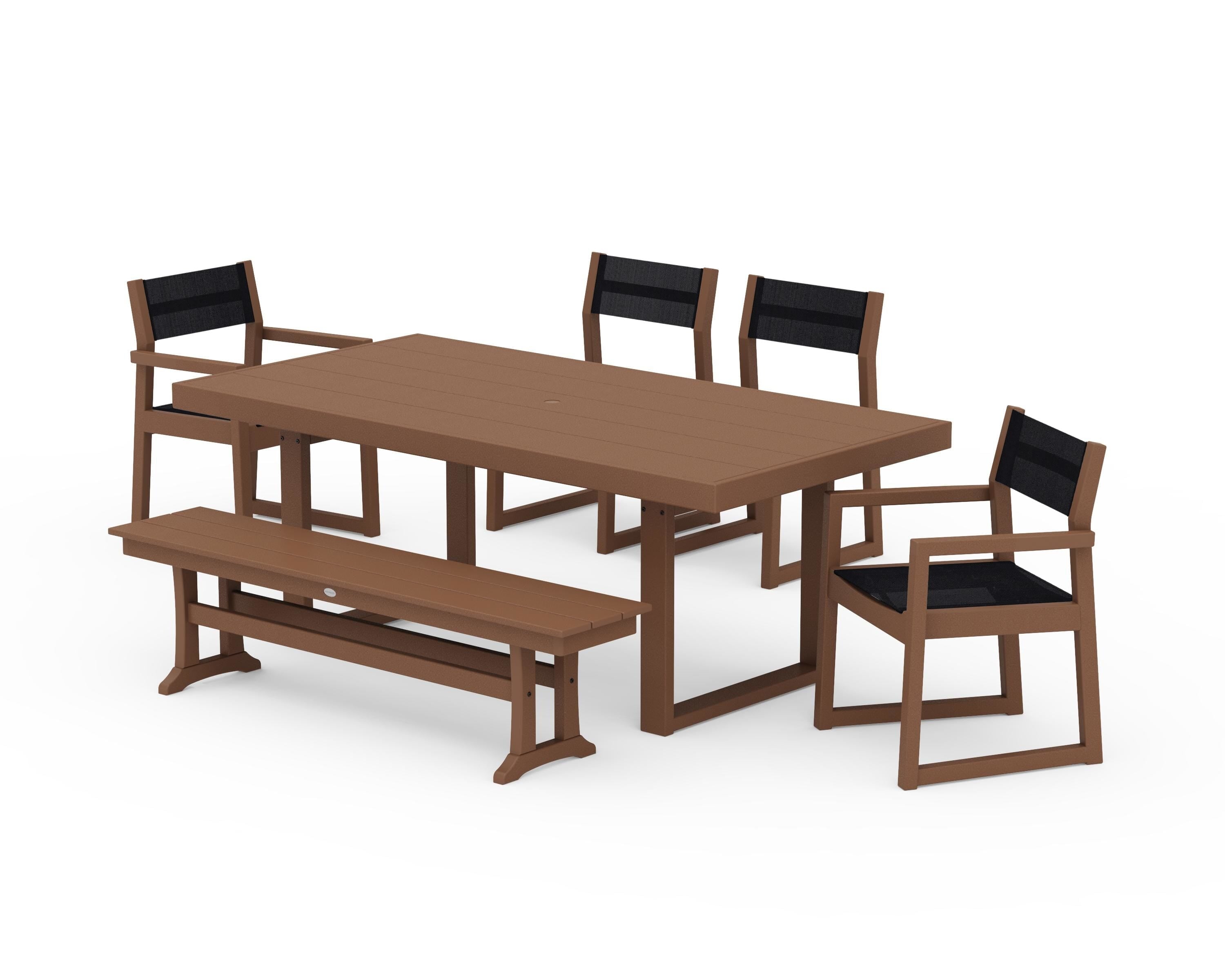 POLYWOOD EDGE Sling 6-Piece Dining Set with Bench in Teak / Black Sling