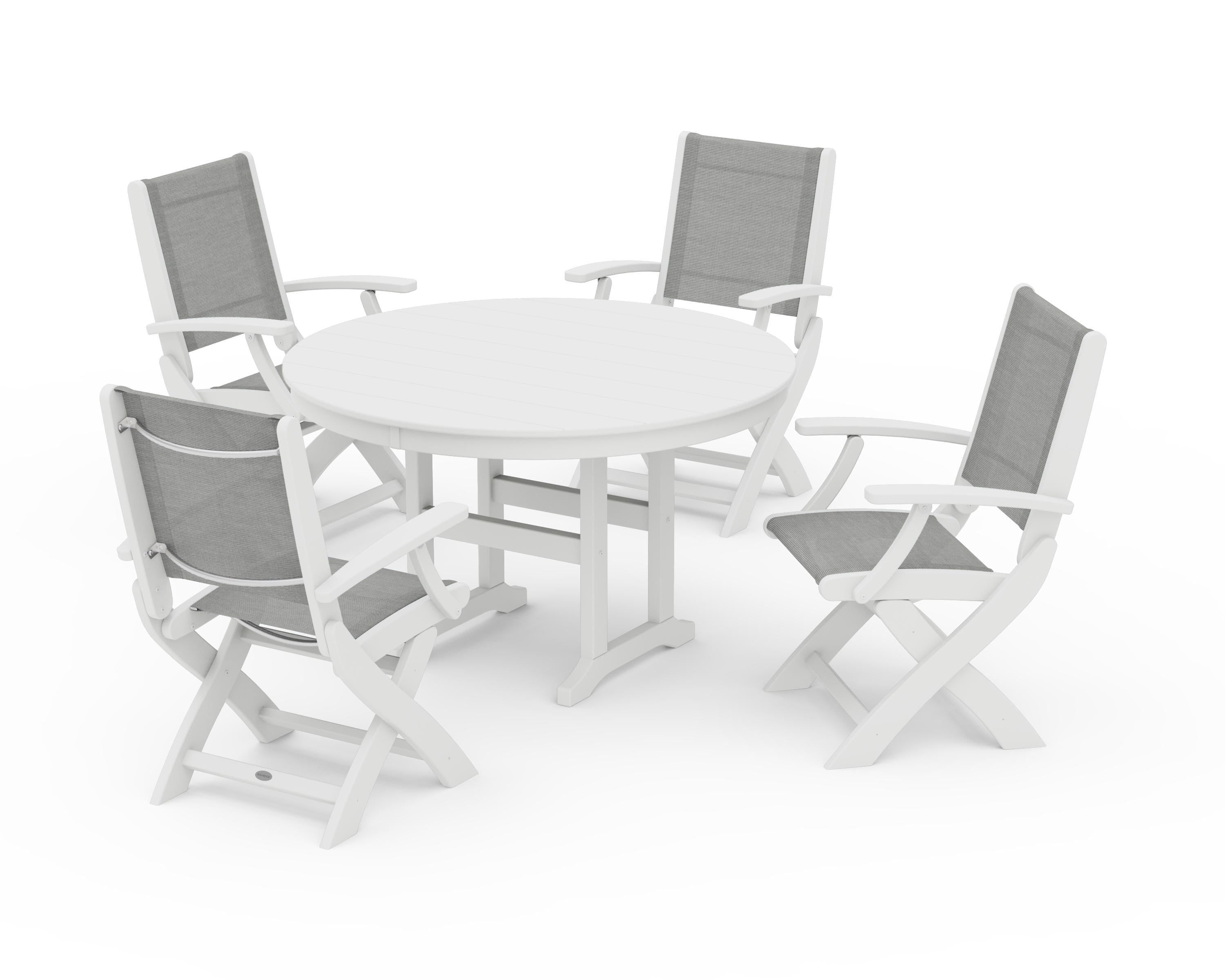 POLYWOOD Coastal Folding Chair 5-Piece Round Dining Set in White / Metallic Sling
