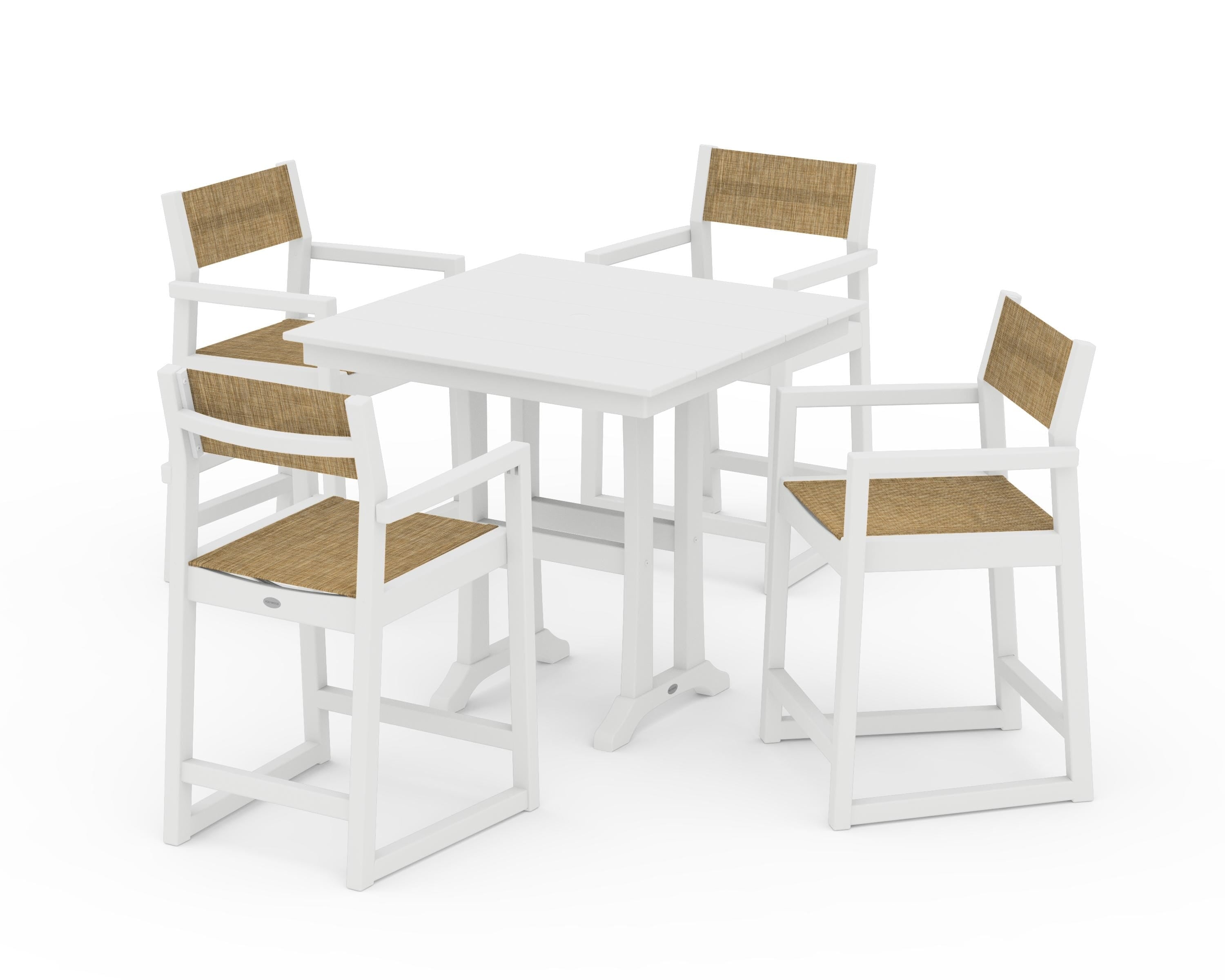 POLYWOOD EDGE Sling Arm Chair 5-Piece Farmhouse Counter Set with Trestle Legs in White / Burlap Sling