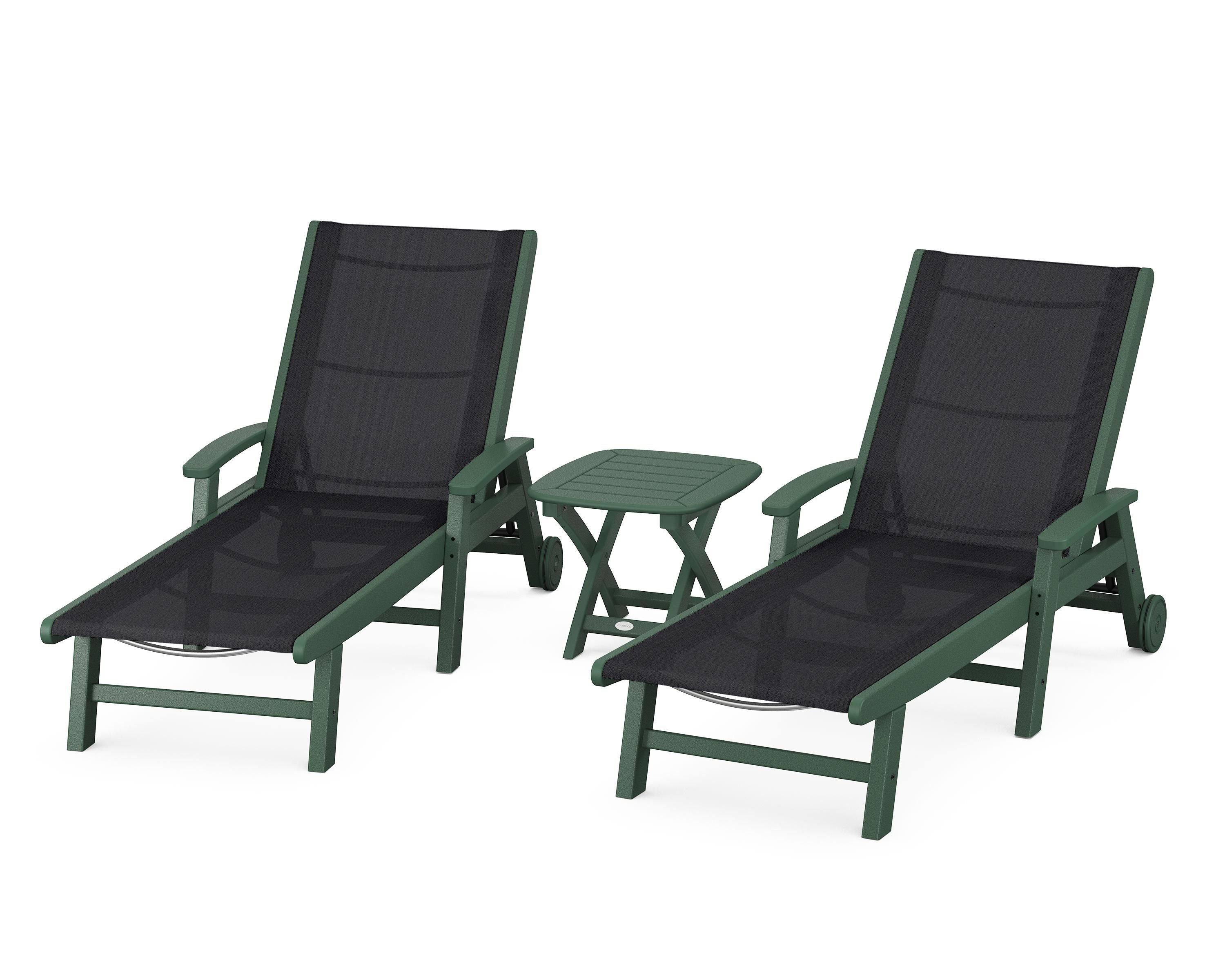 POLYWOOD Coastal 3-Piece Wheeled Chaise Set in Green / Black Sling