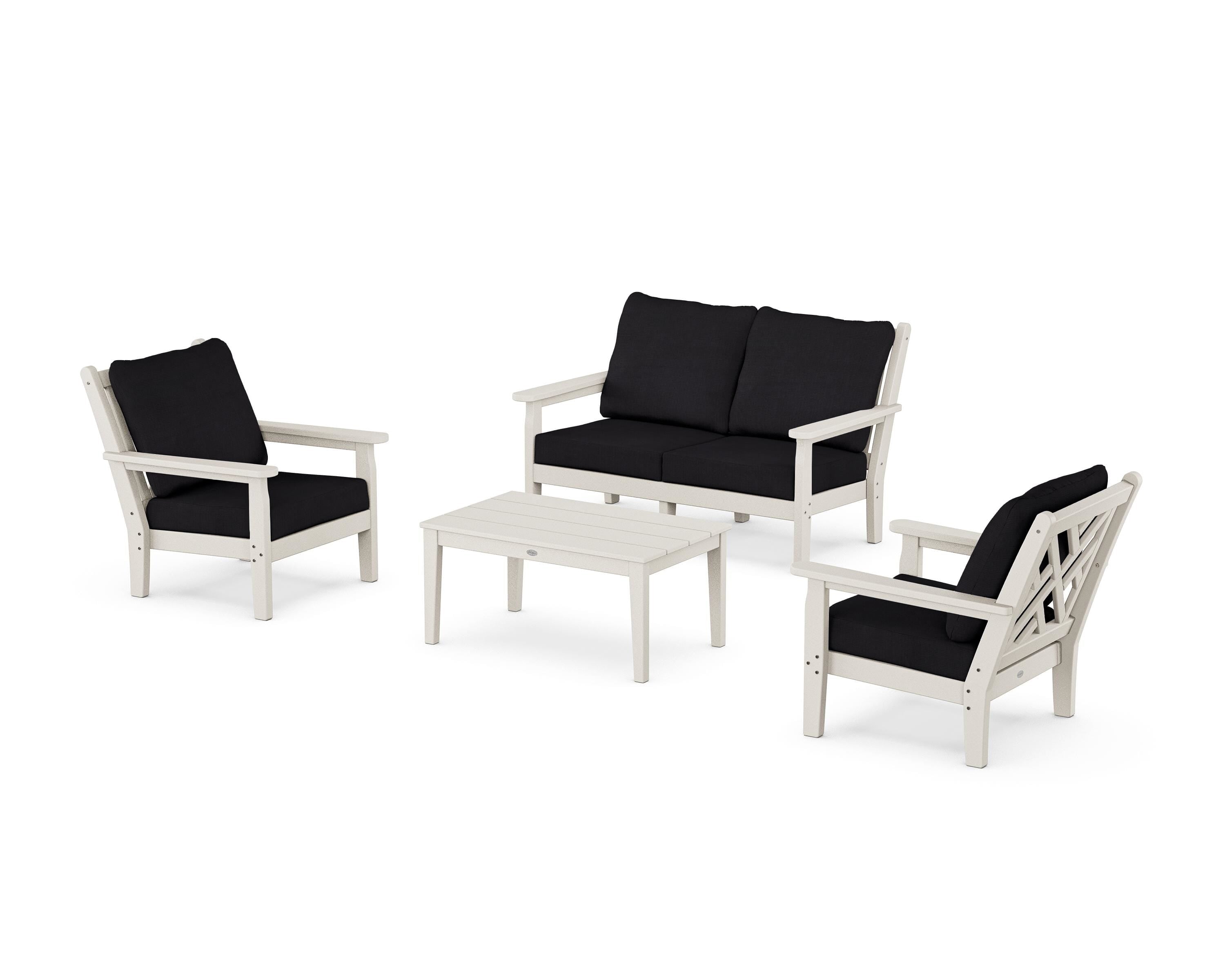 POLYWOOD Chippendale 4-Piece Deep Seating Set with Loveseat in Sand / Midnight Linen