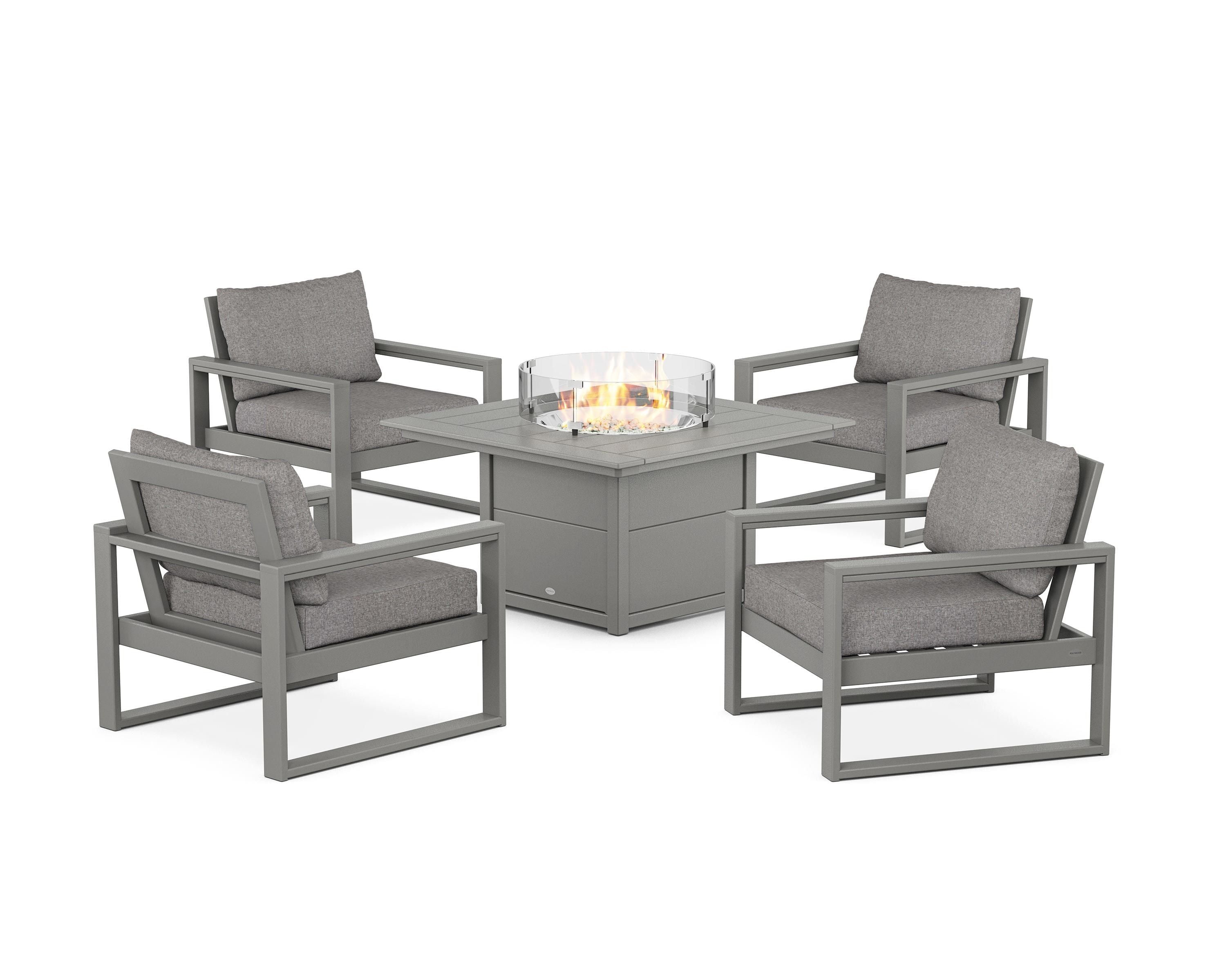 POLYWOOD EDGE Sectional 5-Piece Deep Seating Set with Fire Pit Table in Slate Grey / Grey Mist