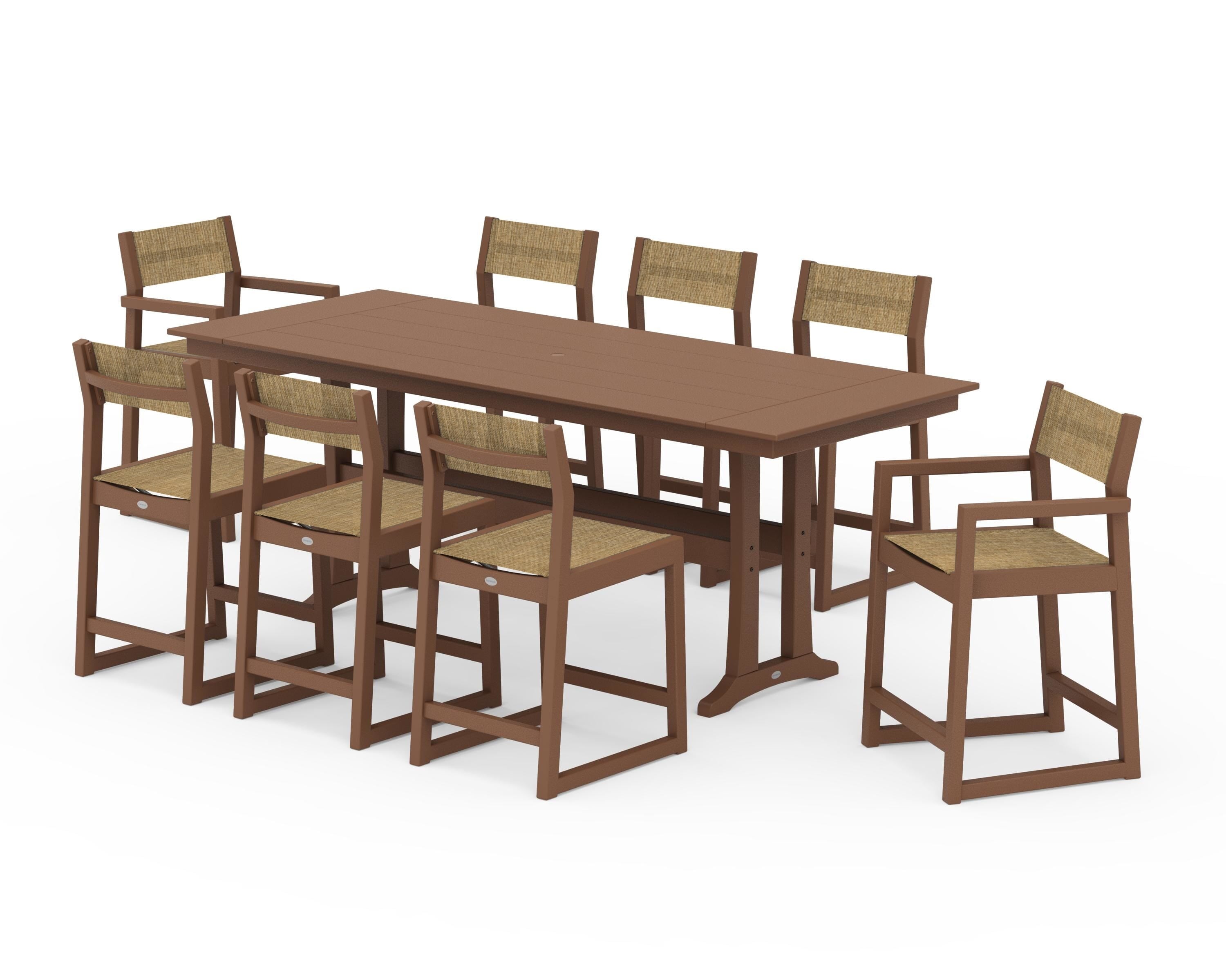 POLYWOOD EDGE Sling 9-Piece Farmhouse Counter Set with Trestle Legs in Teak / Burlap Sling
