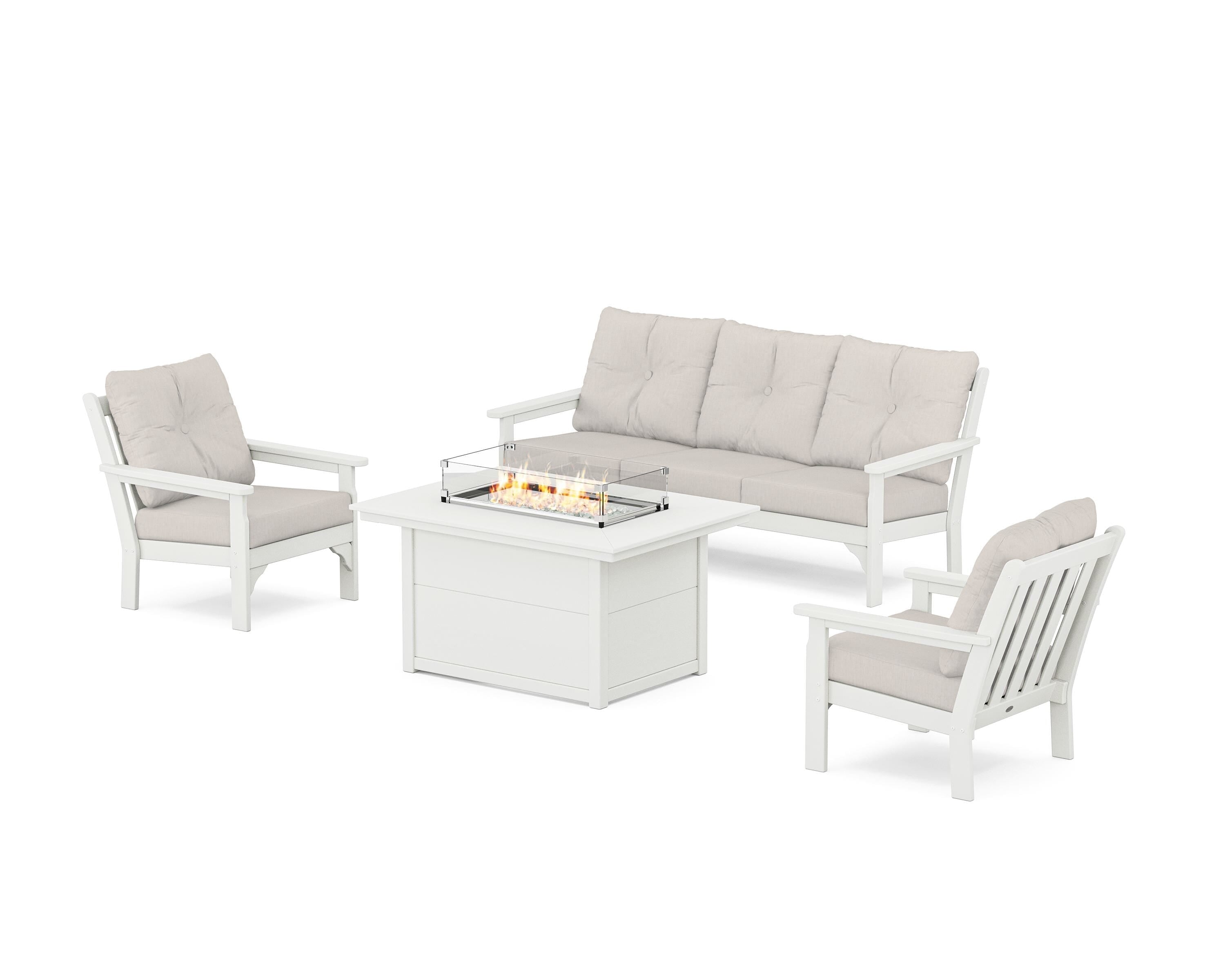 POLYWOOD Vineyard Deep Seating Fire Pit Table Set in Vintage White / Cast Ash