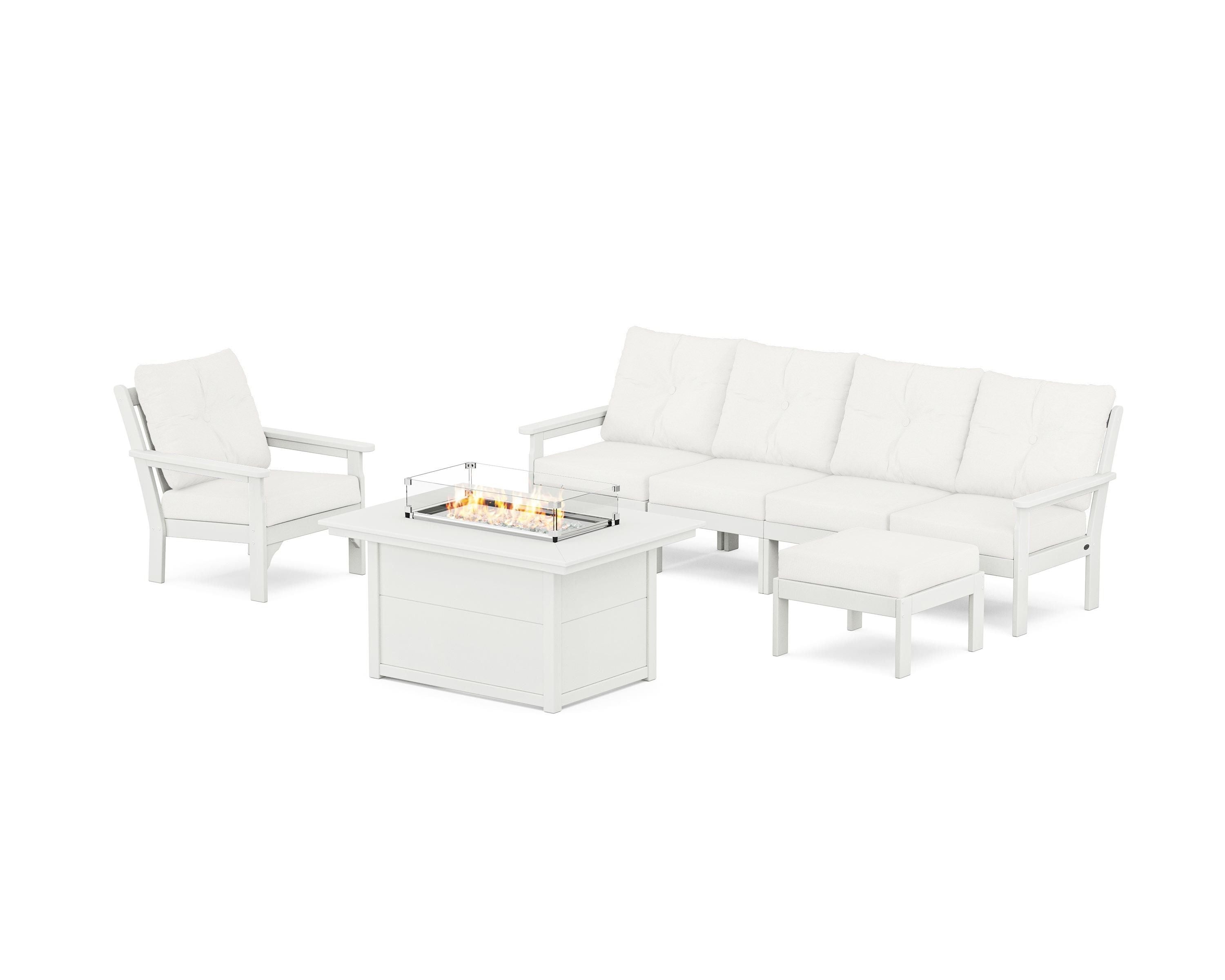 POLYWOOD Vineyard Sectional Lounge and Fire Pit Set in Vintage White / Natural Linen