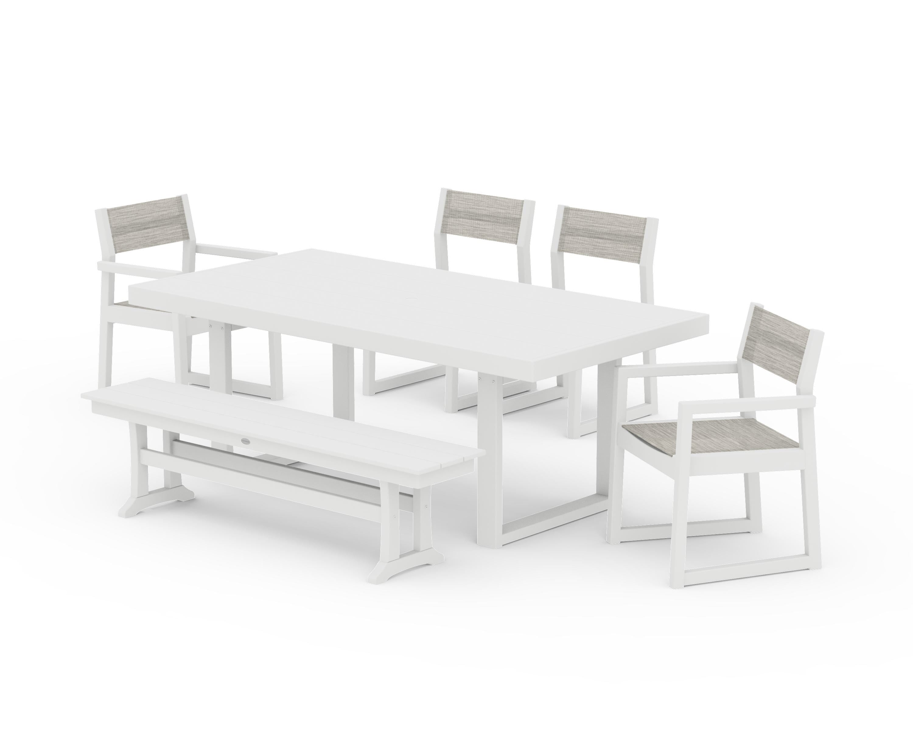 POLYWOOD EDGE Sling 6-Piece Dining Set with Bench in White / Birch Sling
