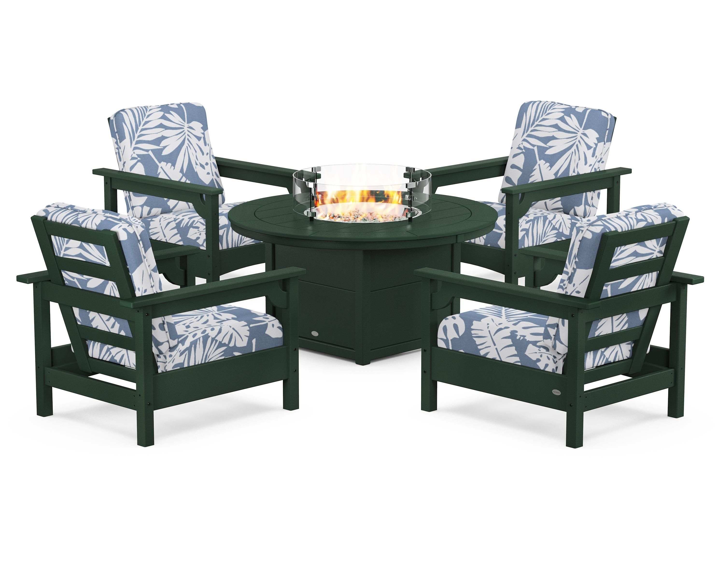 POLYWOOD Club 5-Piece Conversation Set with Fire Pit Table in Green / Leaf Sky Blue