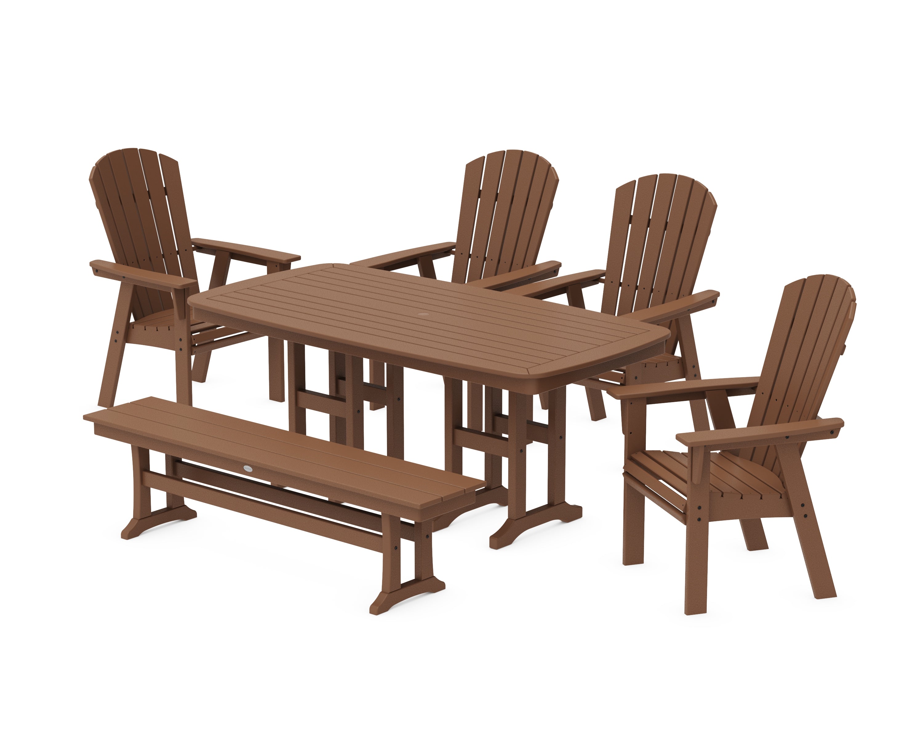 POLYWOOD Nautical Curveback Adirondack 6-Piece Dining Set with Bench in Teak