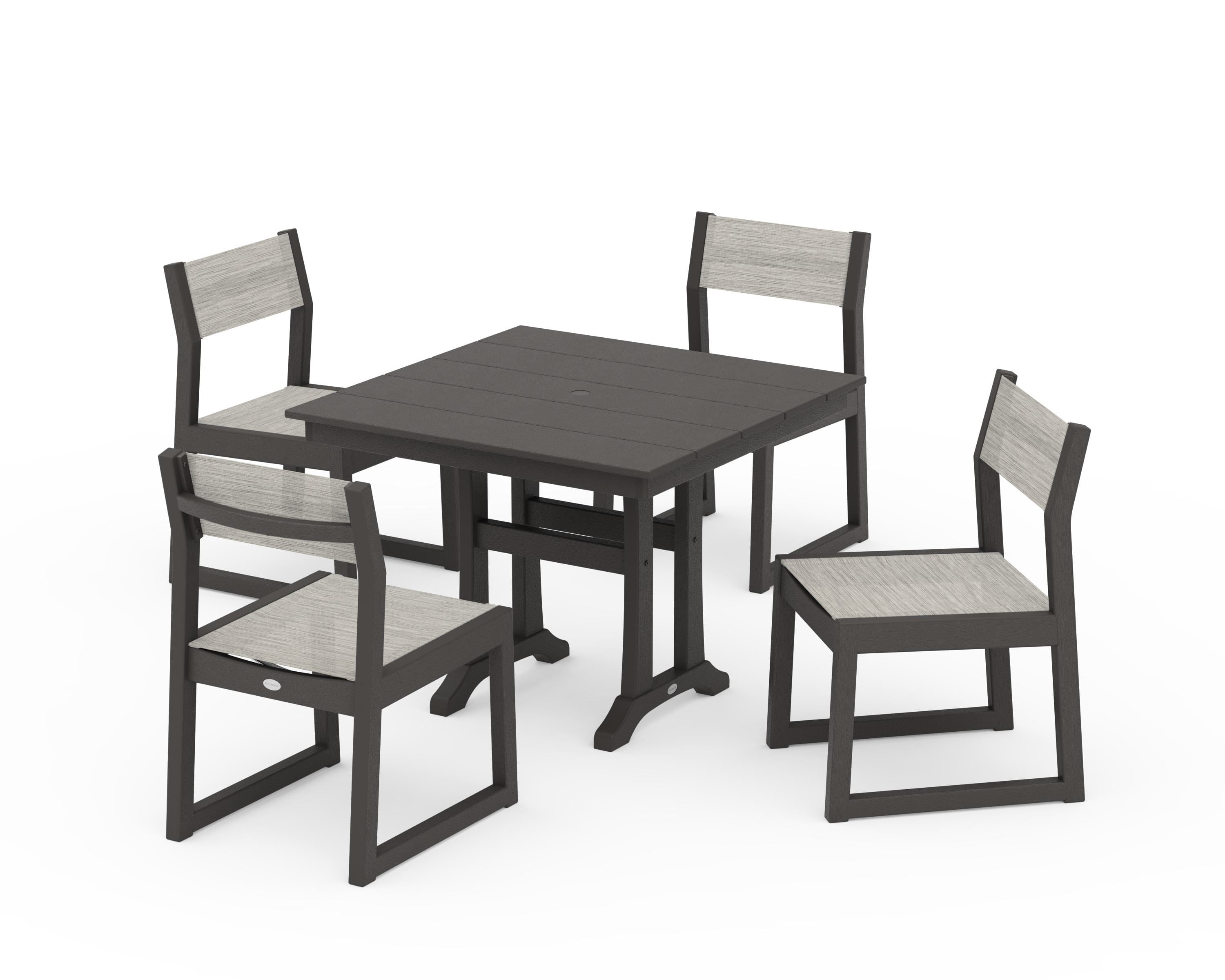POLYWOOD EDGE Sling 5-Piece Farmhouse Trestle Side Chair Dining Set in Vintage Coffee / Birch Sling