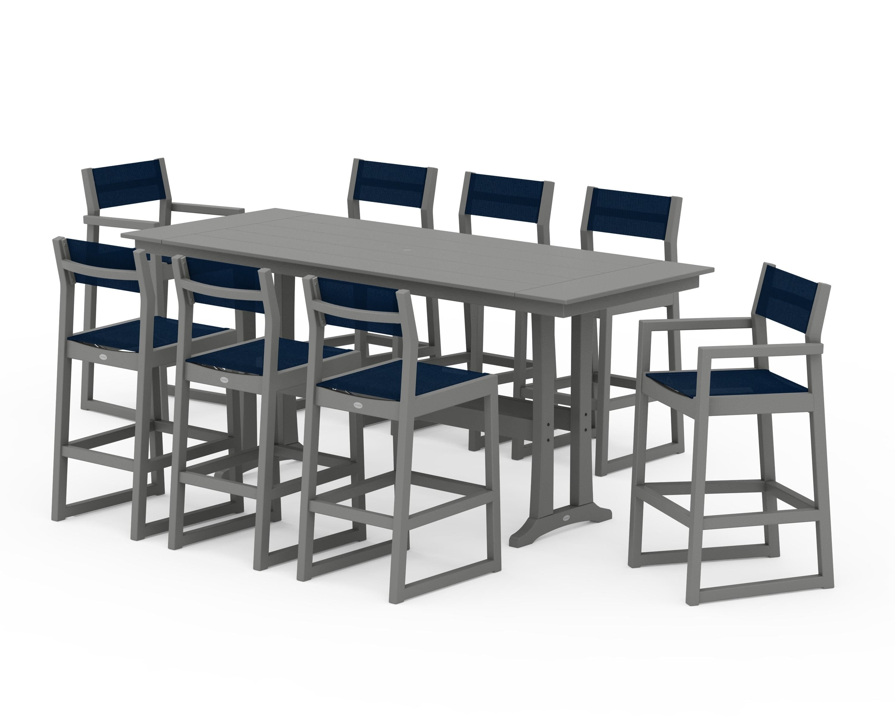 POLYWOOD EDGE Sling 9-Piece Farmhouse Bar Set with Trestle Legs in Slate Grey / Navy Blue Sling