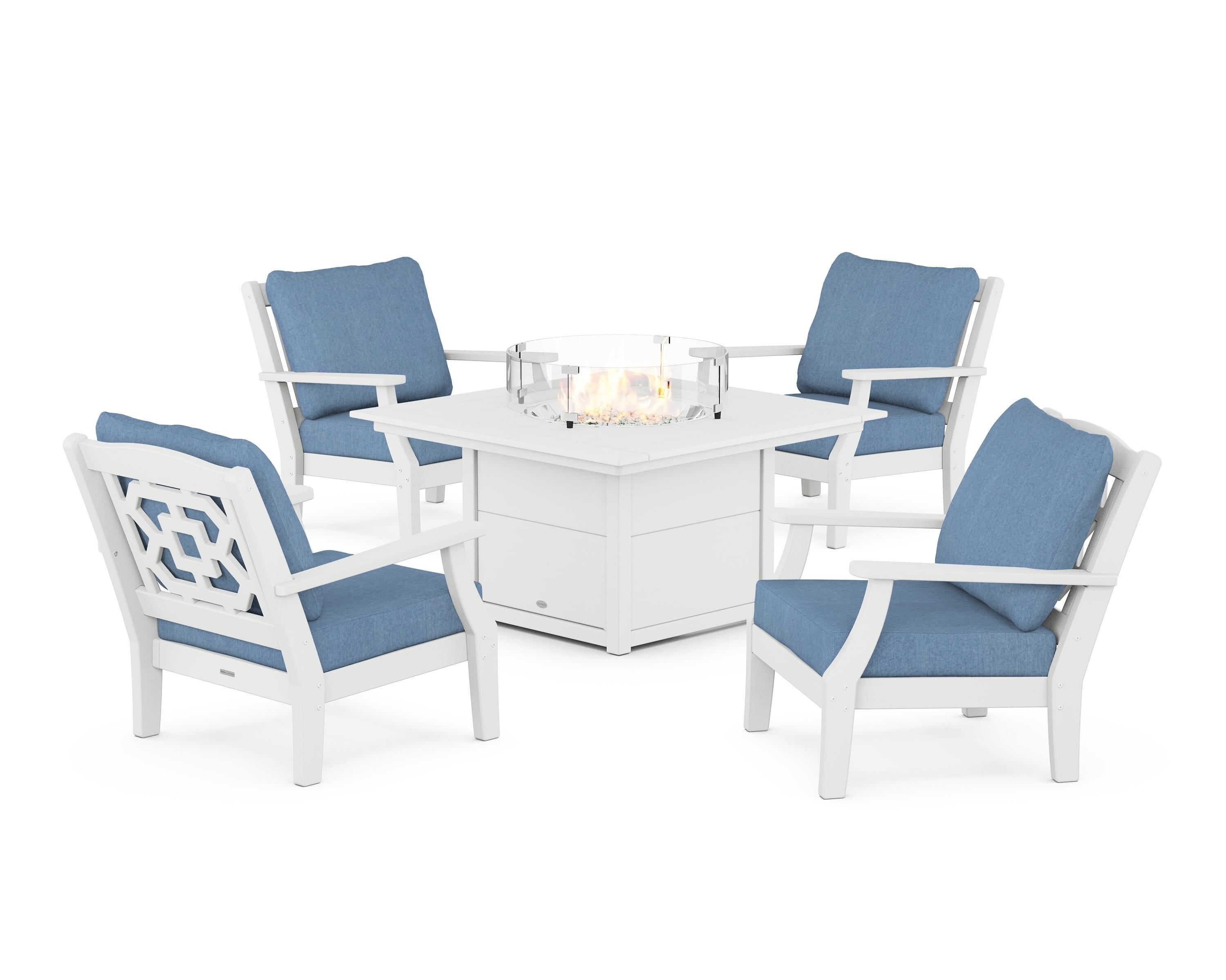 Martha Stewart by POLYWOOD Chinoiserie 5-Piece Deep Seating Set with Fire Pit Table in White / Sky Blue