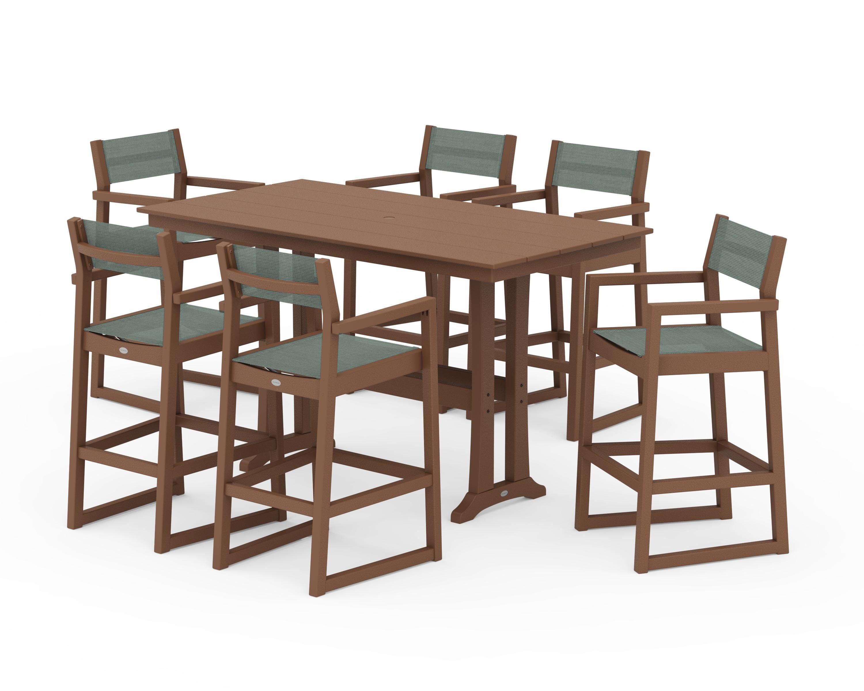 POLYWOOD EDGE Sling Arm Chair 7-Piece Farmhouse Bar Set with Trestle Legs in Teak / Dupioni Sea Mist Sling