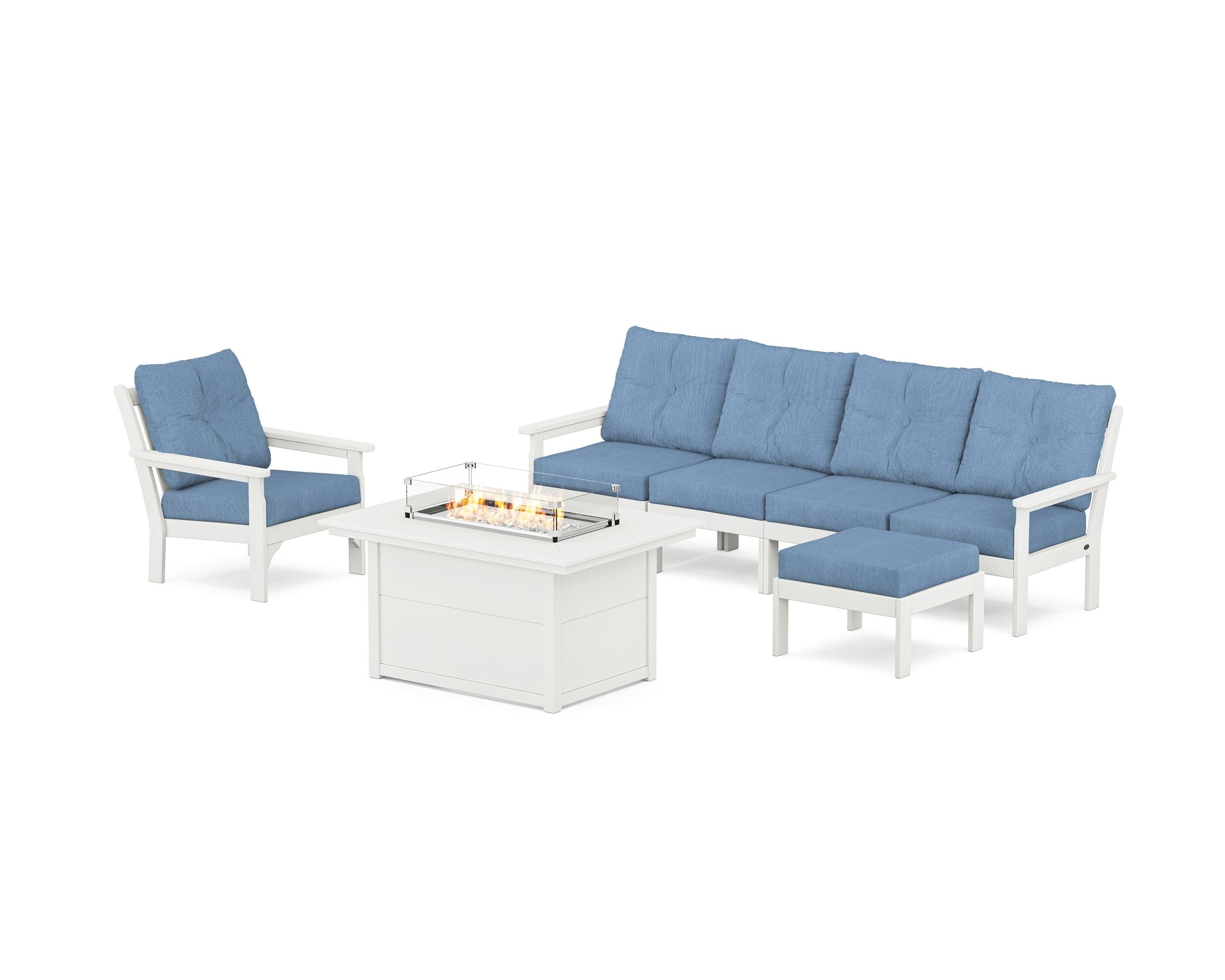 POLYWOOD Vineyard Sectional Lounge and Fire Pit Set in Vintage White / Sky Blue