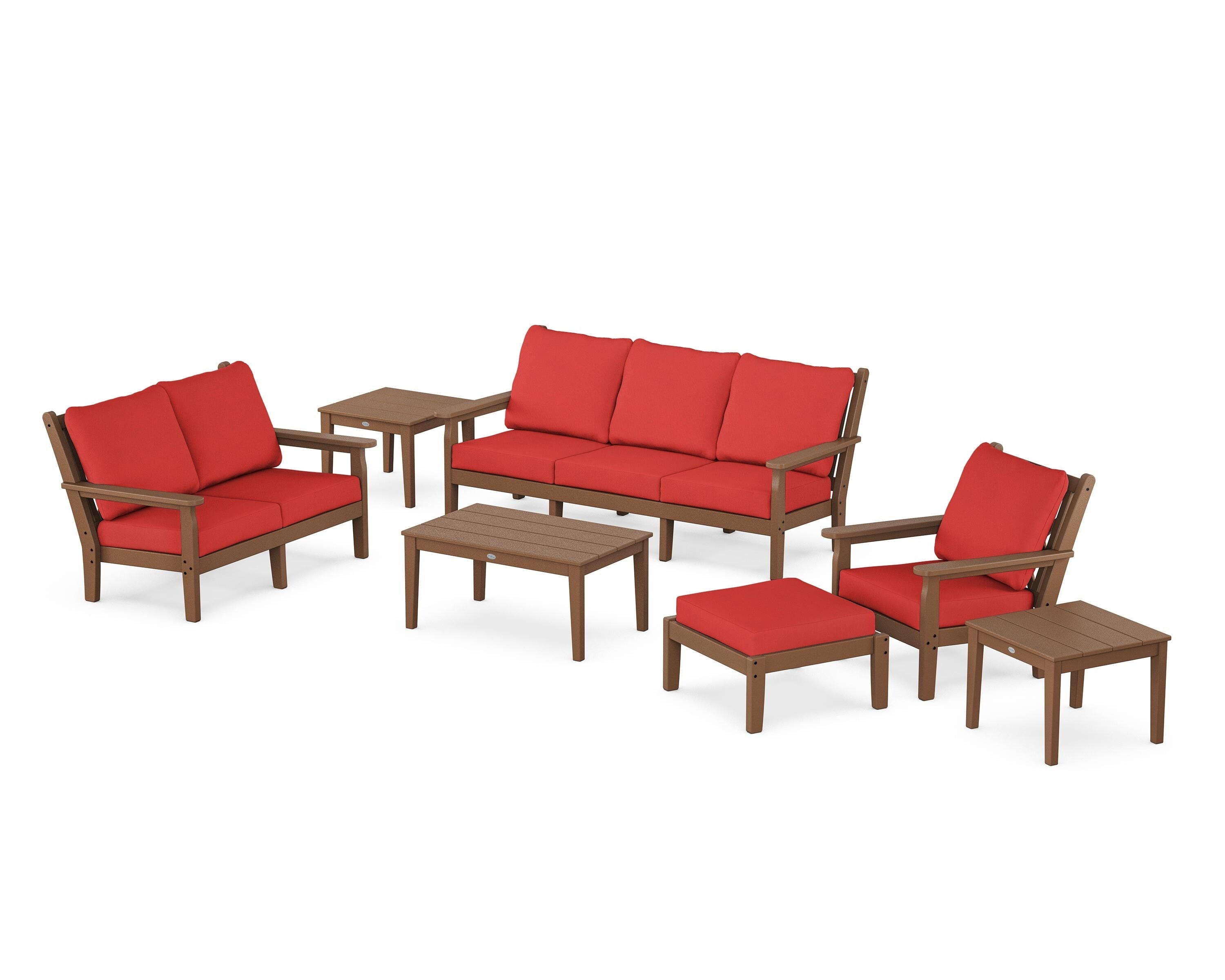 POLYWOOD Chippendale 7-Piece Deep Seating Set in Teak / Crimson Linen