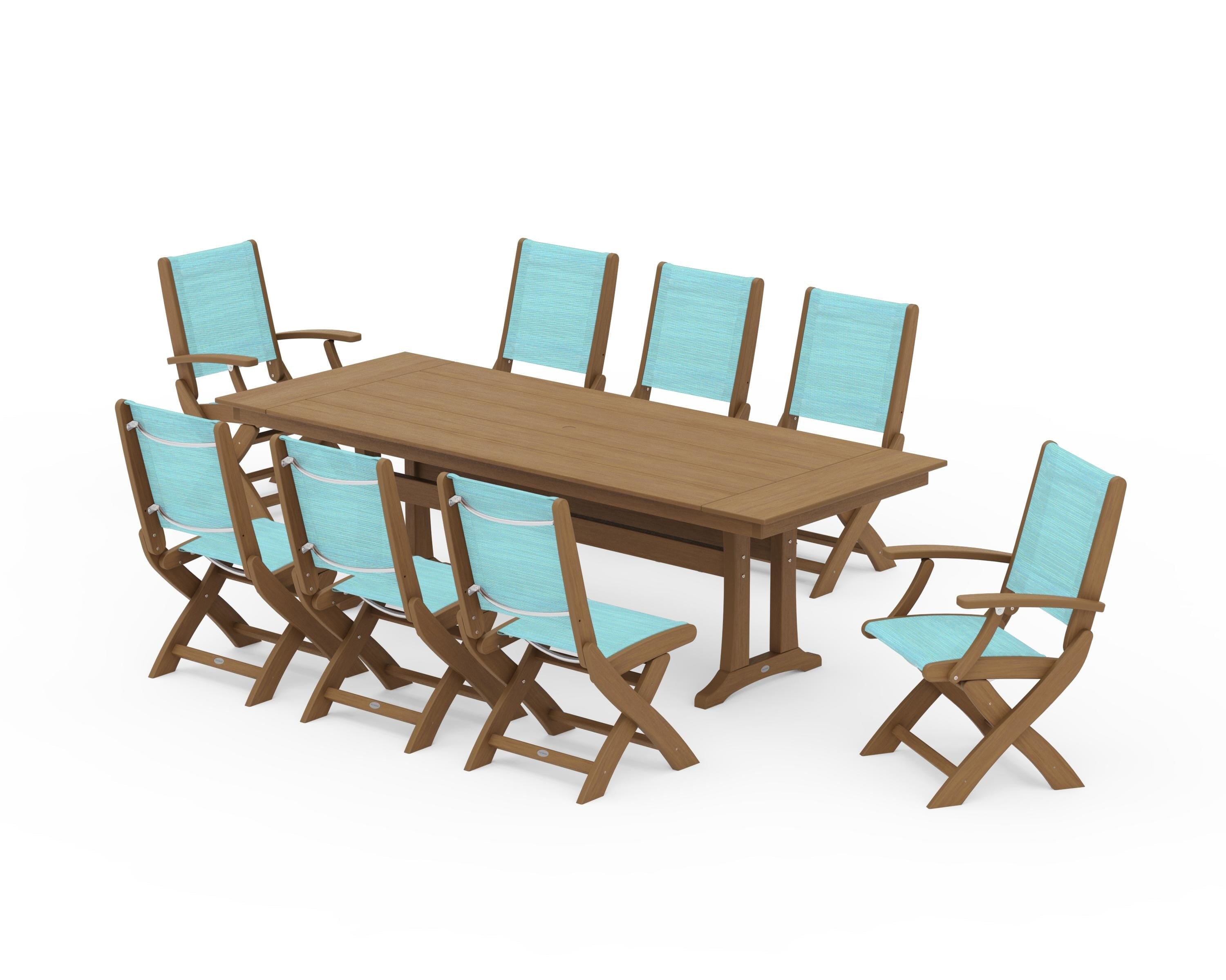 POLYWOOD Coastal 9-Piece Folding Dining Chair Farmhouse Dining Set with Trestle Legs in Natural / Dupioni Aquamarine Sling