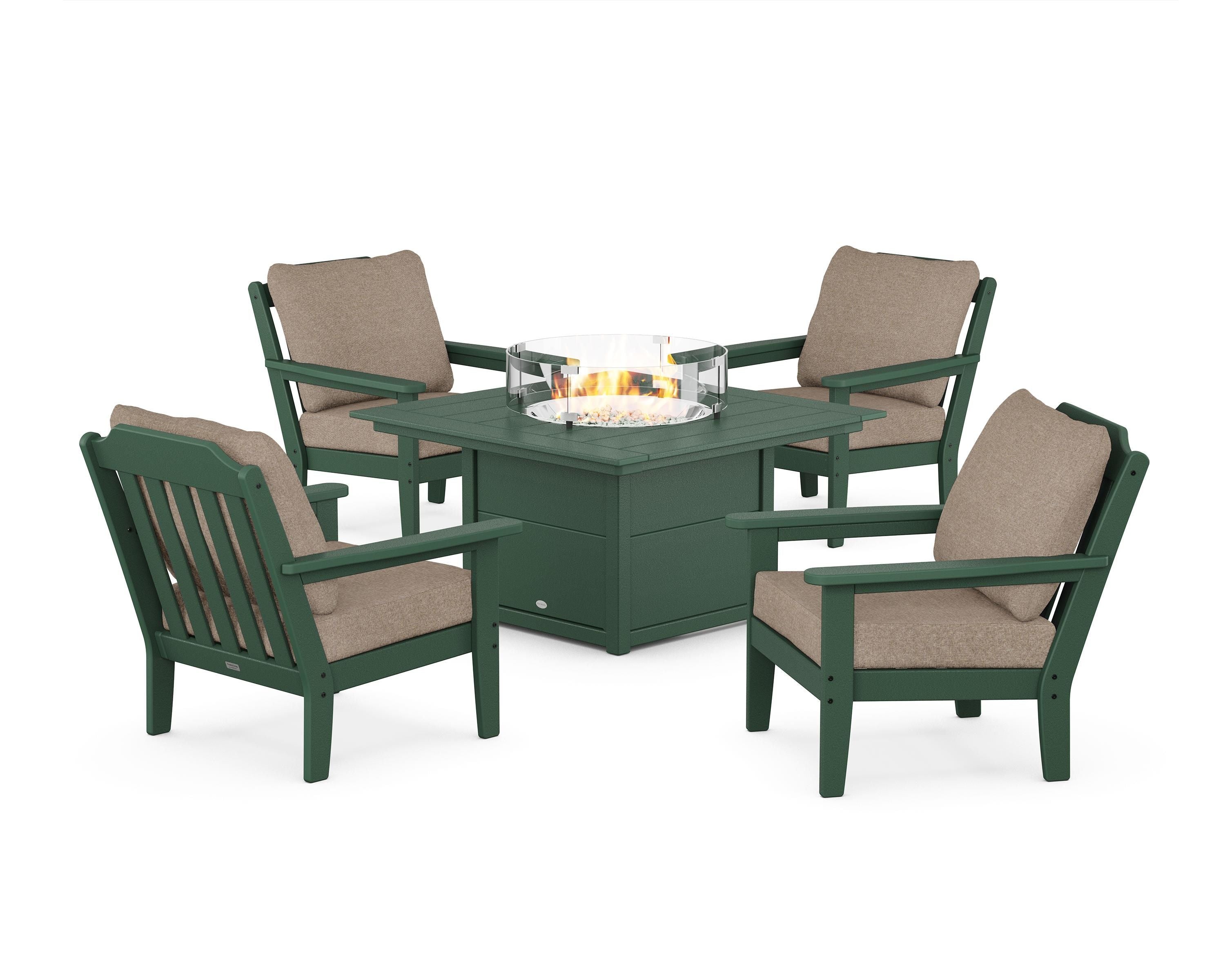 Country Living Cottage 5-Piece Deep Seating Set with Fire Pit Table in Green / Spiced Burlap
