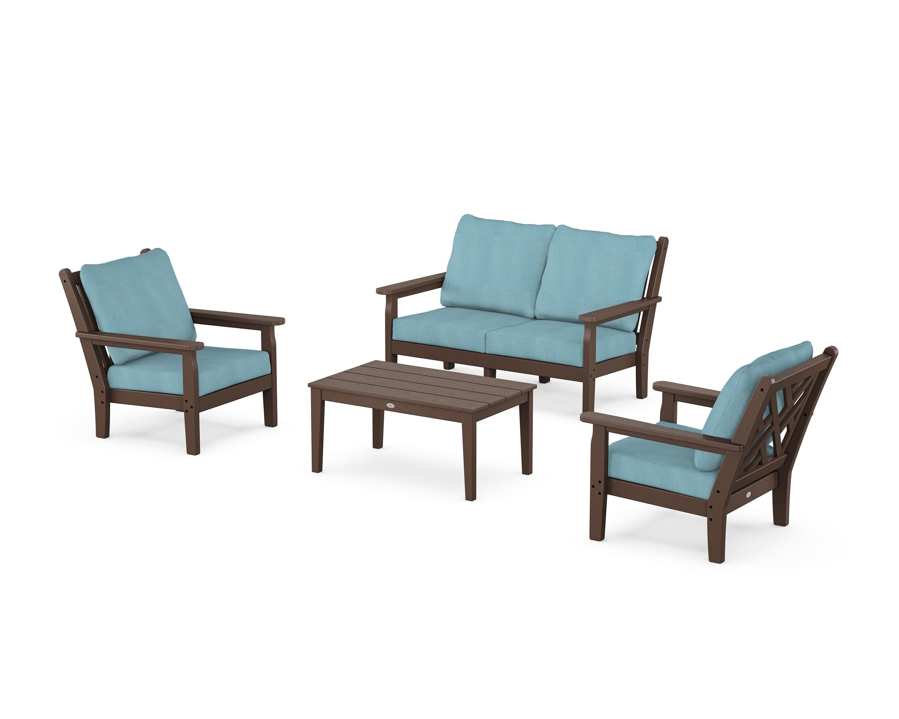 POLYWOOD Chippendale 4-Piece Deep Seating Set with Loveseat in Mahogany / Lattice Sky Blue