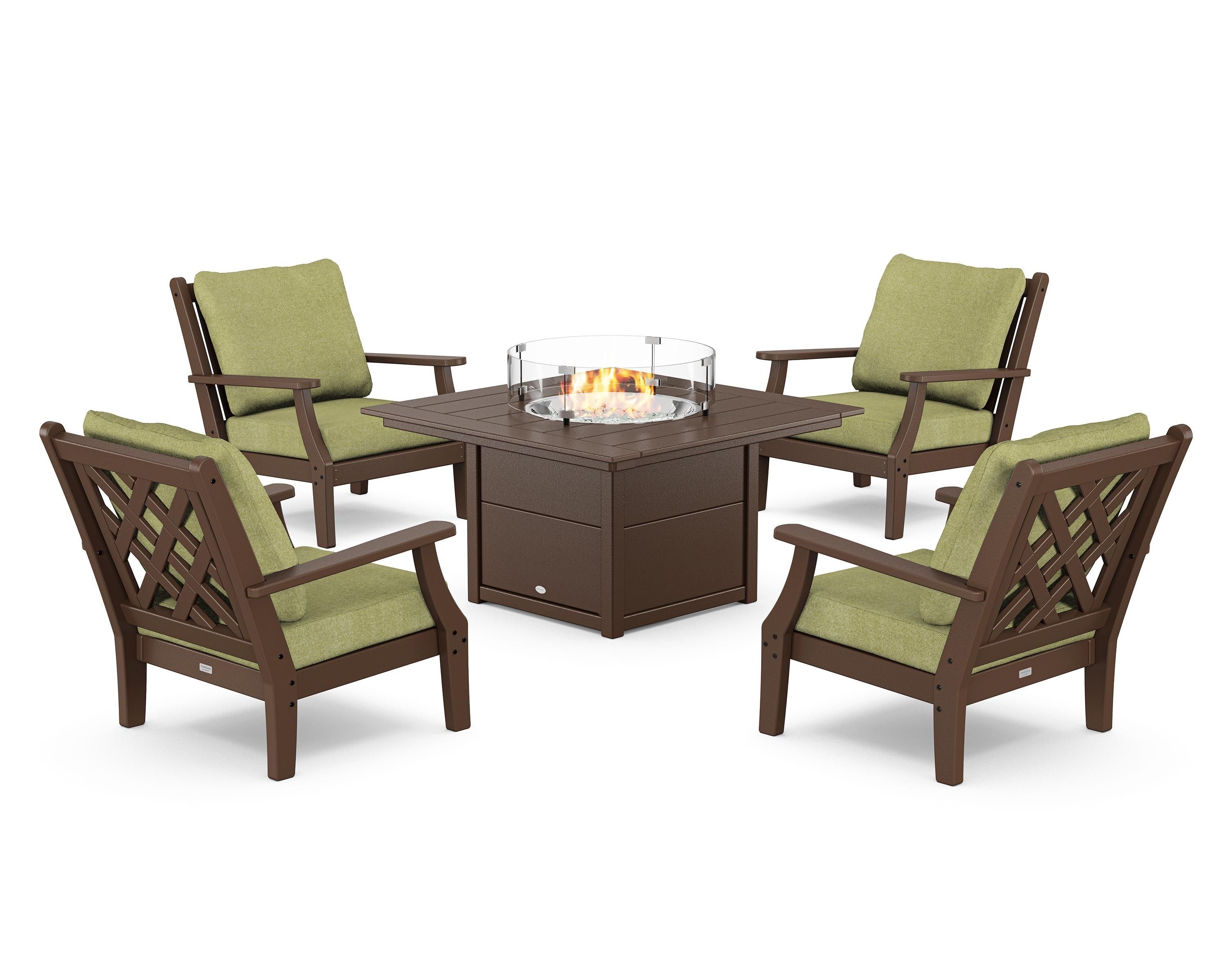 Country Living Wovendale 5-Piece Deep Seating Set with Fire Pit Table in Mahogany / Chartreuse Boucle