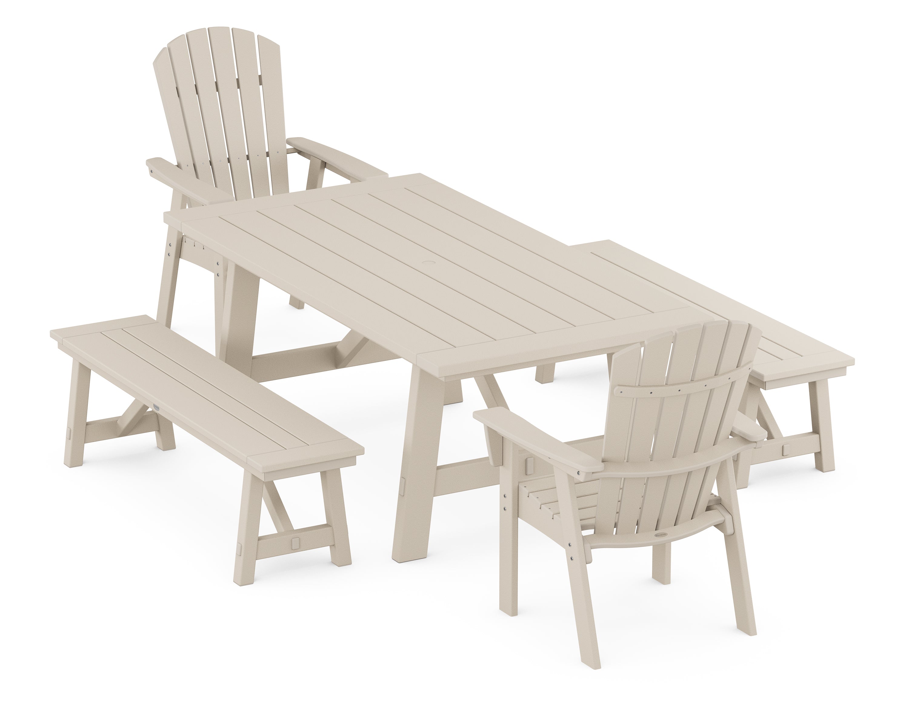 POLYWOOD® Nautical Curveback Adirondack 5-Piece Rustic Farmhouse Dining Set With Benches in Sand