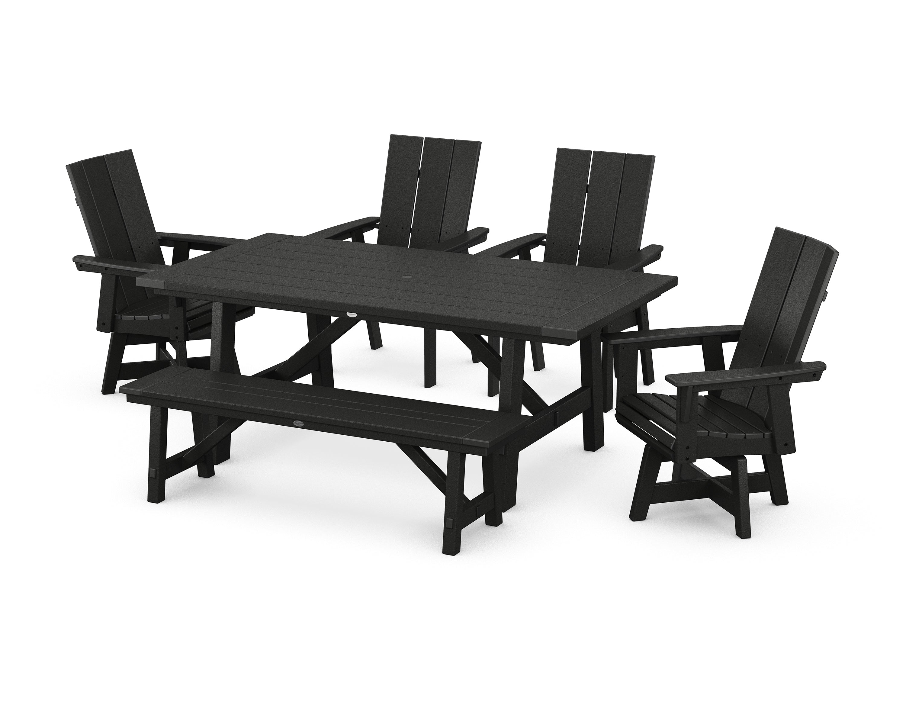 POLYWOOD® Modern Curveback Adirondack Swivel Chair 6-Piece Rustic Farmhouse Dining Set with Bench in Black