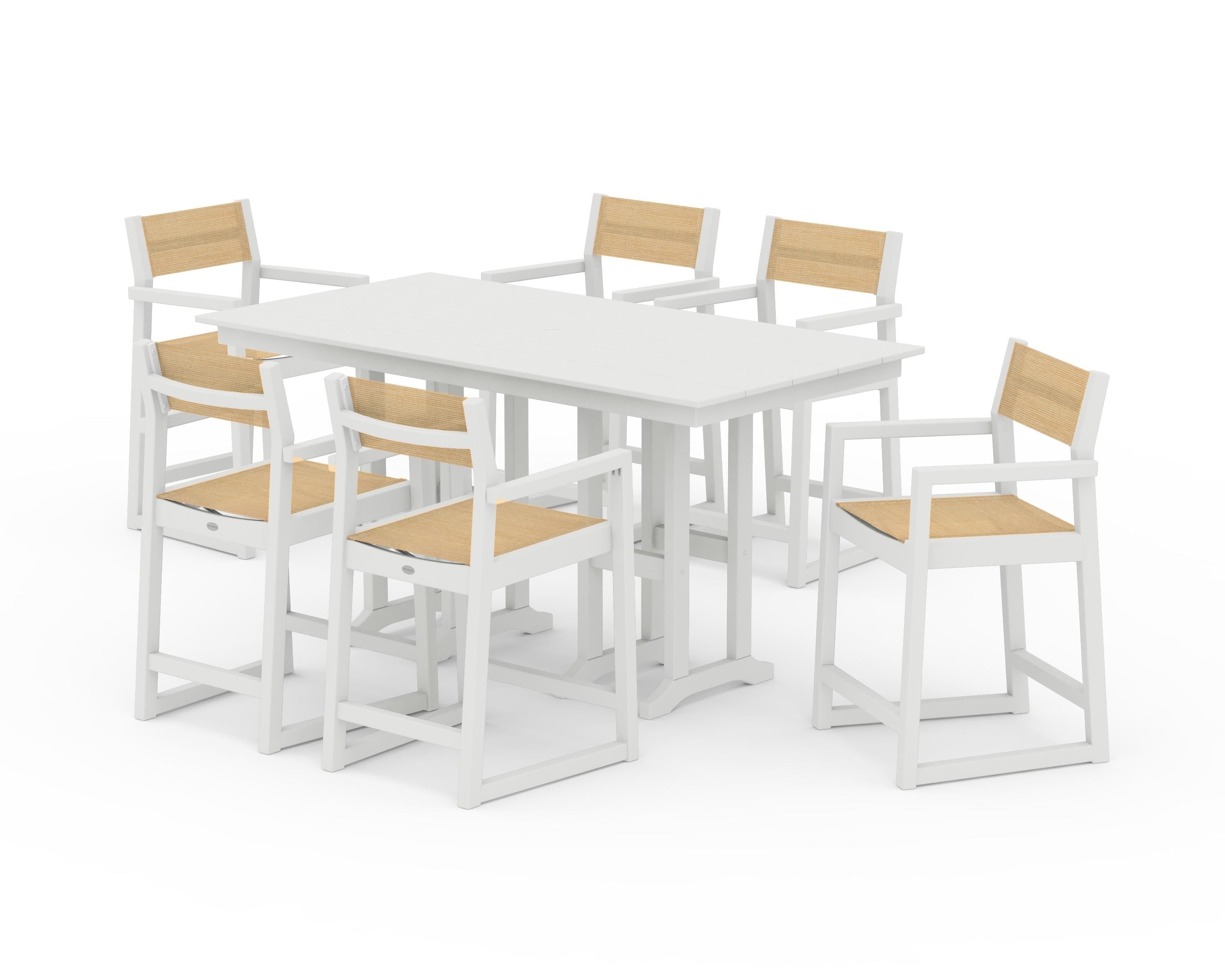 POLYWOOD EDGE Sling Arm Chair 7-Piece Farmhouse Counter Set in Vintage White / Dupioni Apricot Sling
