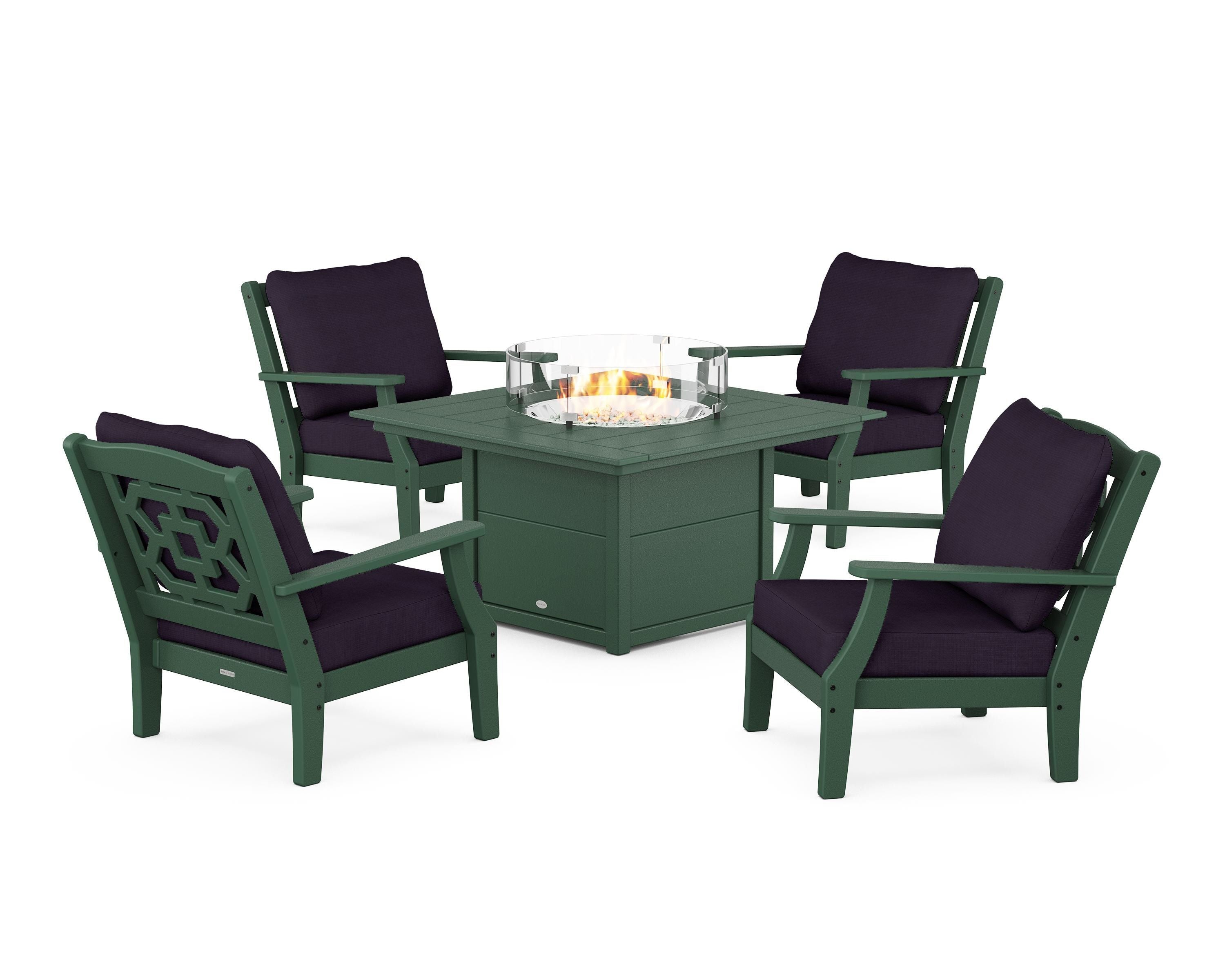Martha Stewart by POLYWOOD Chinoiserie 5-Piece Deep Seating Set with Fire Pit Table in Green / Navy Linen