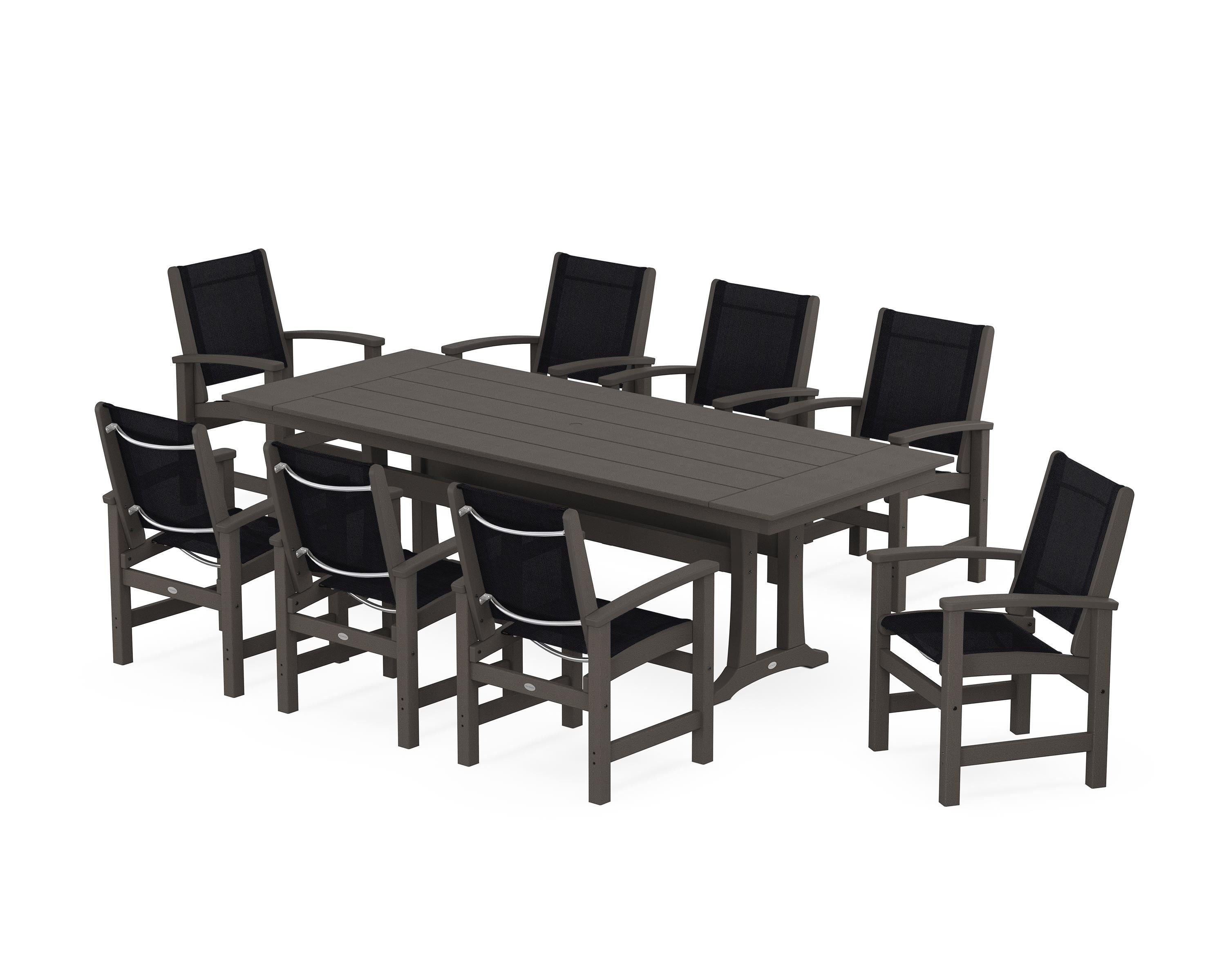 POLYWOOD Coastal 9-Piece Farmhouse Dining Set with Trestle Legs in Vintage Coffee / Black Sling