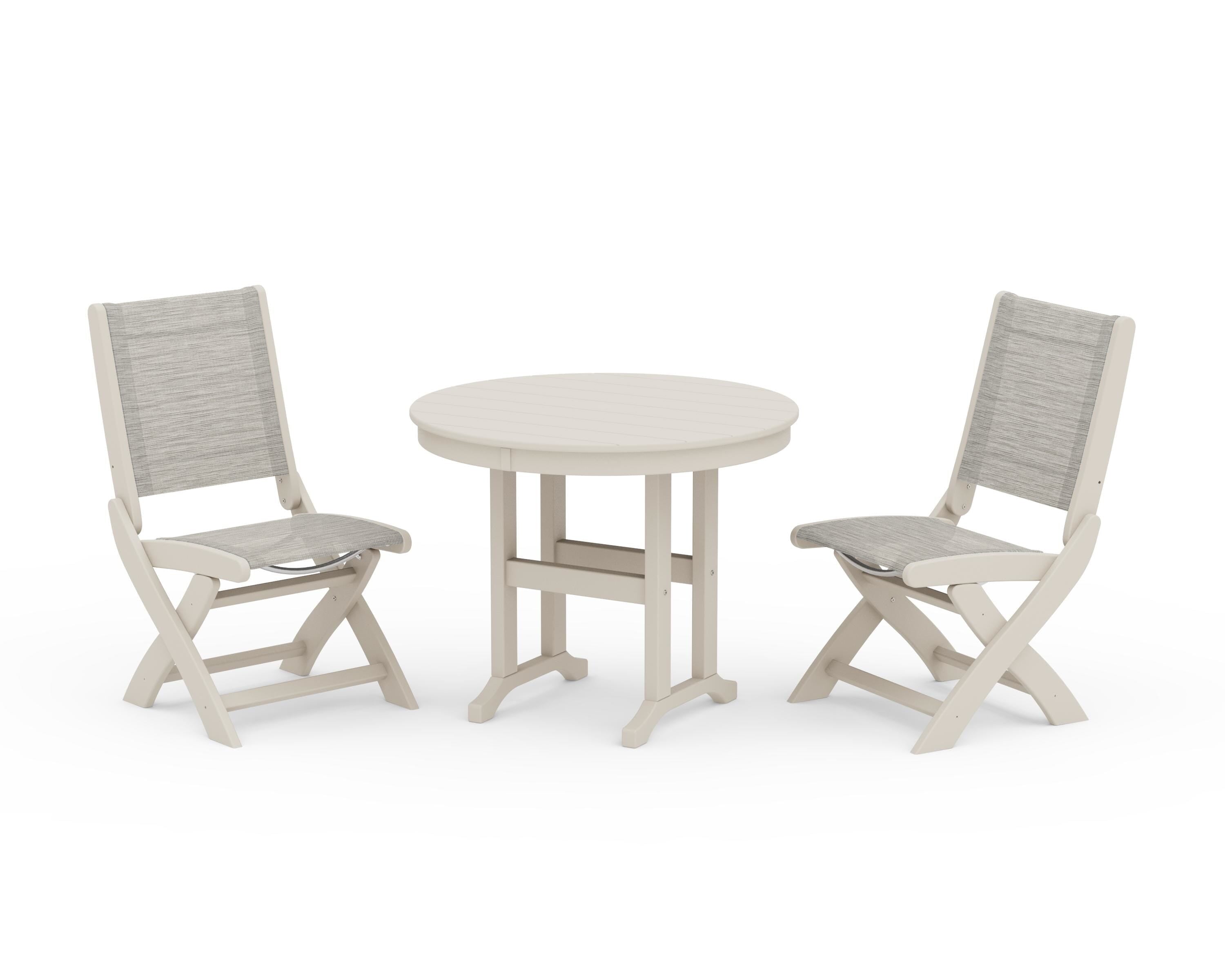 POLYWOOD Coastal Folding Side Chair 3-Piece Round Dining Set in Sand / Birch Sling