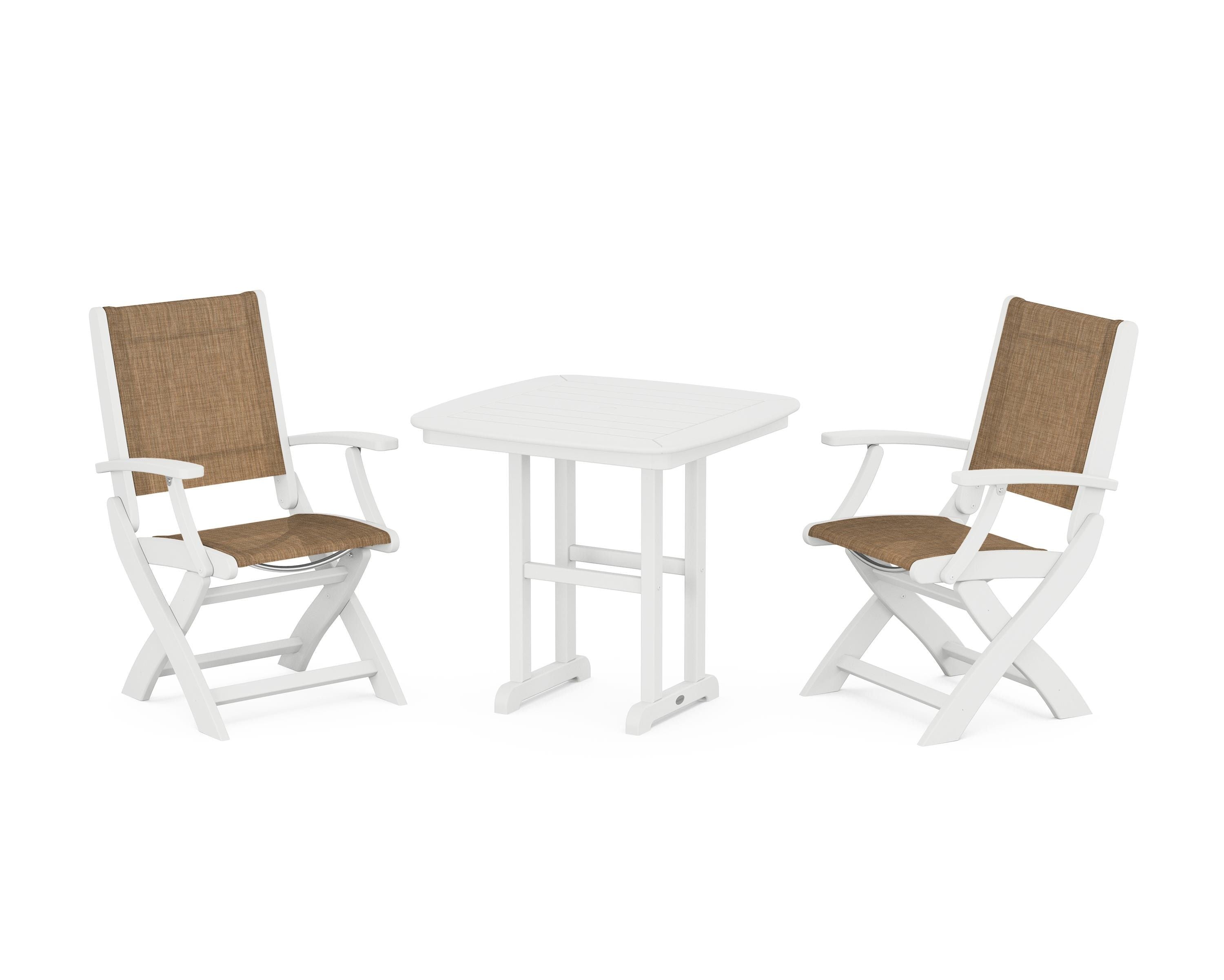 POLYWOOD Coastal Folding Chair 3-Piece Dining Set in White / Burlap Sling