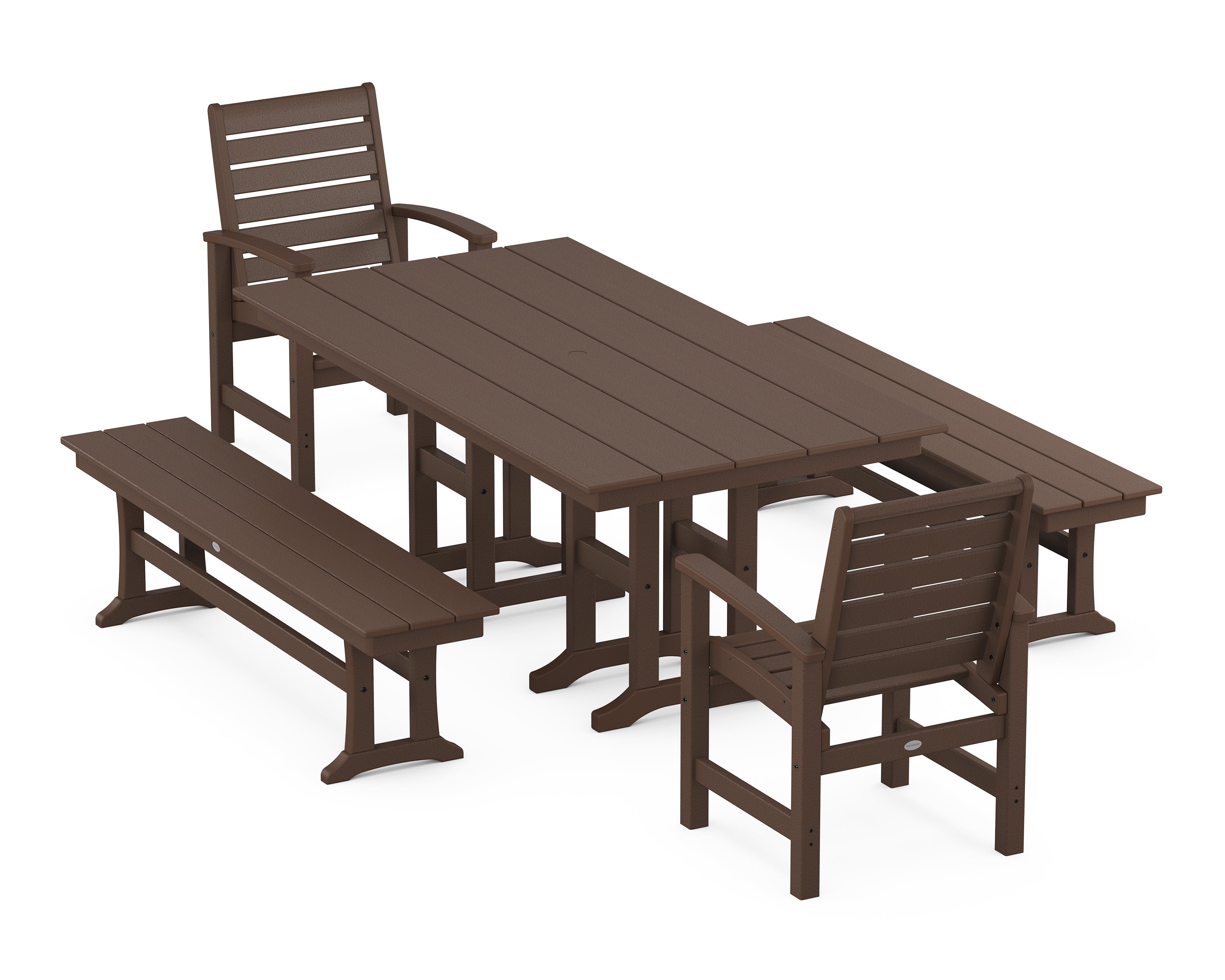 POLYWOOD® Signature 5-Piece Farmhouse Dining Set with Benches in Mahogany