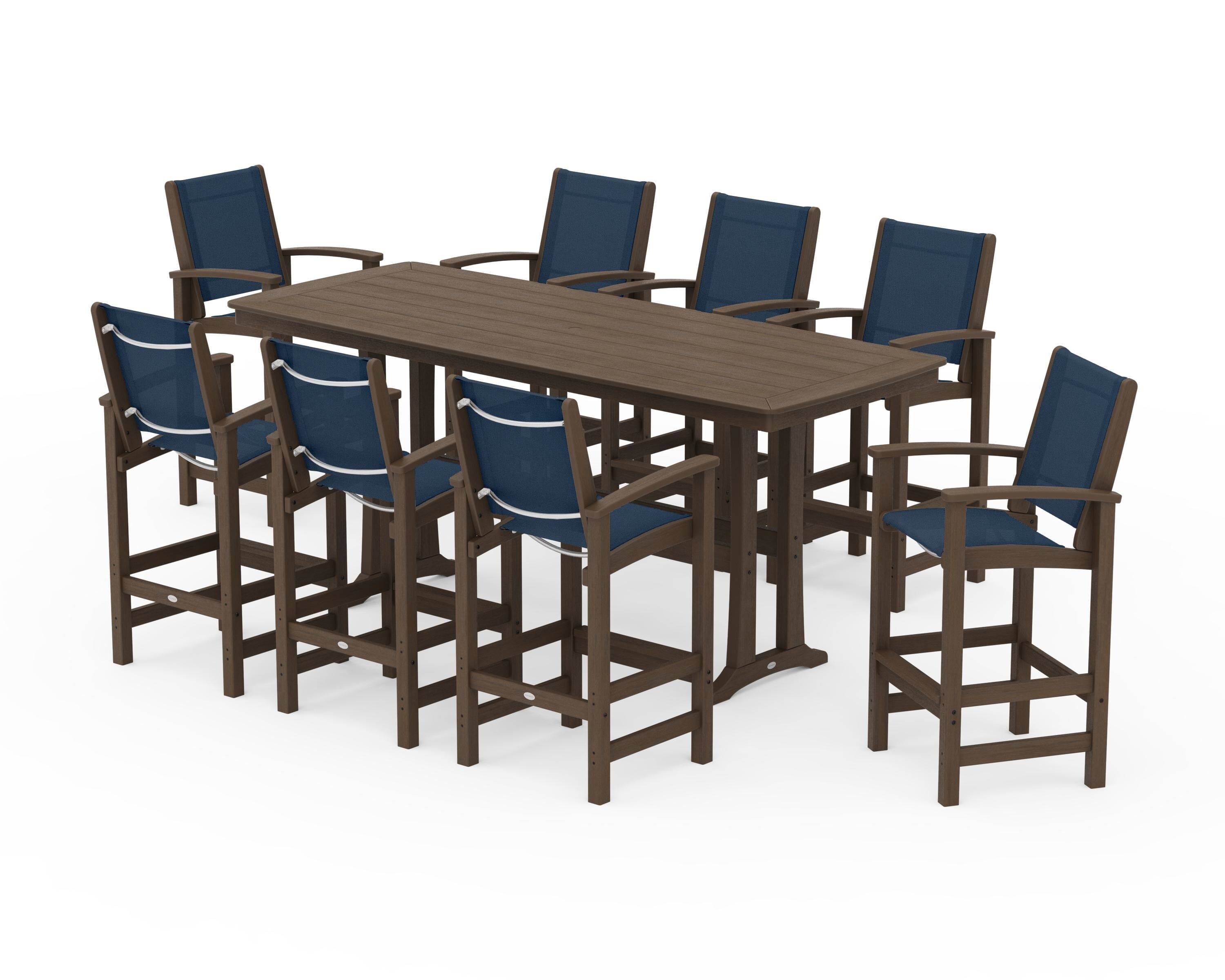 POLYWOOD Coastal 9-Piece Bar Set with Trestle Legs in Kona / Navy Blue Sling