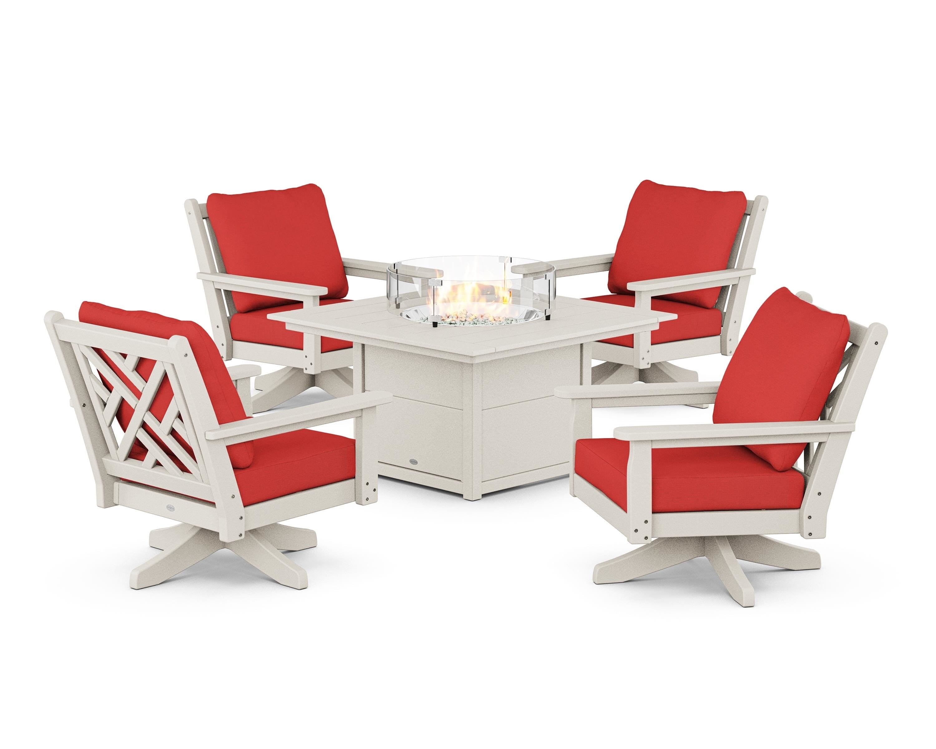 POLYWOOD Chippendale 5-Piece Deep Seating Swivel Conversation Set with Fire Pit Table in Sand / Crimson Linen