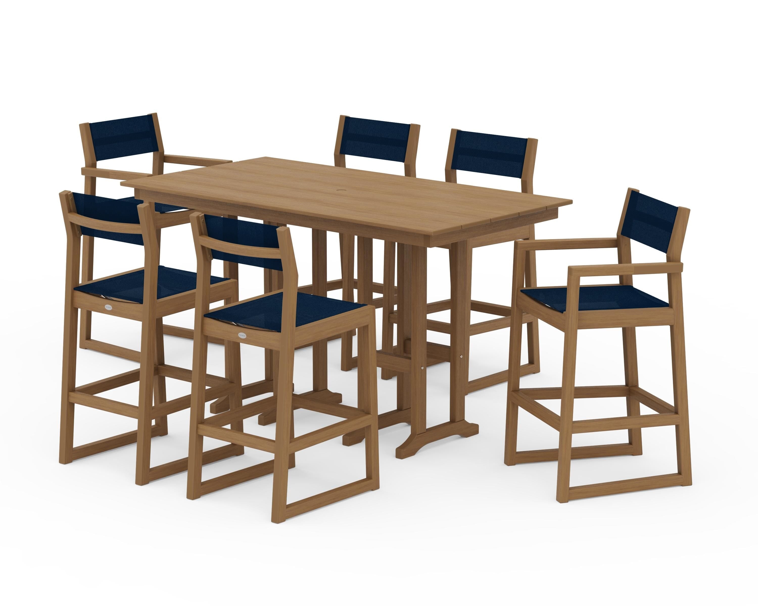 POLYWOOD EDGE Sling 7-Piece Farmhouse Bar Set in Natural / Navy Blue Sling