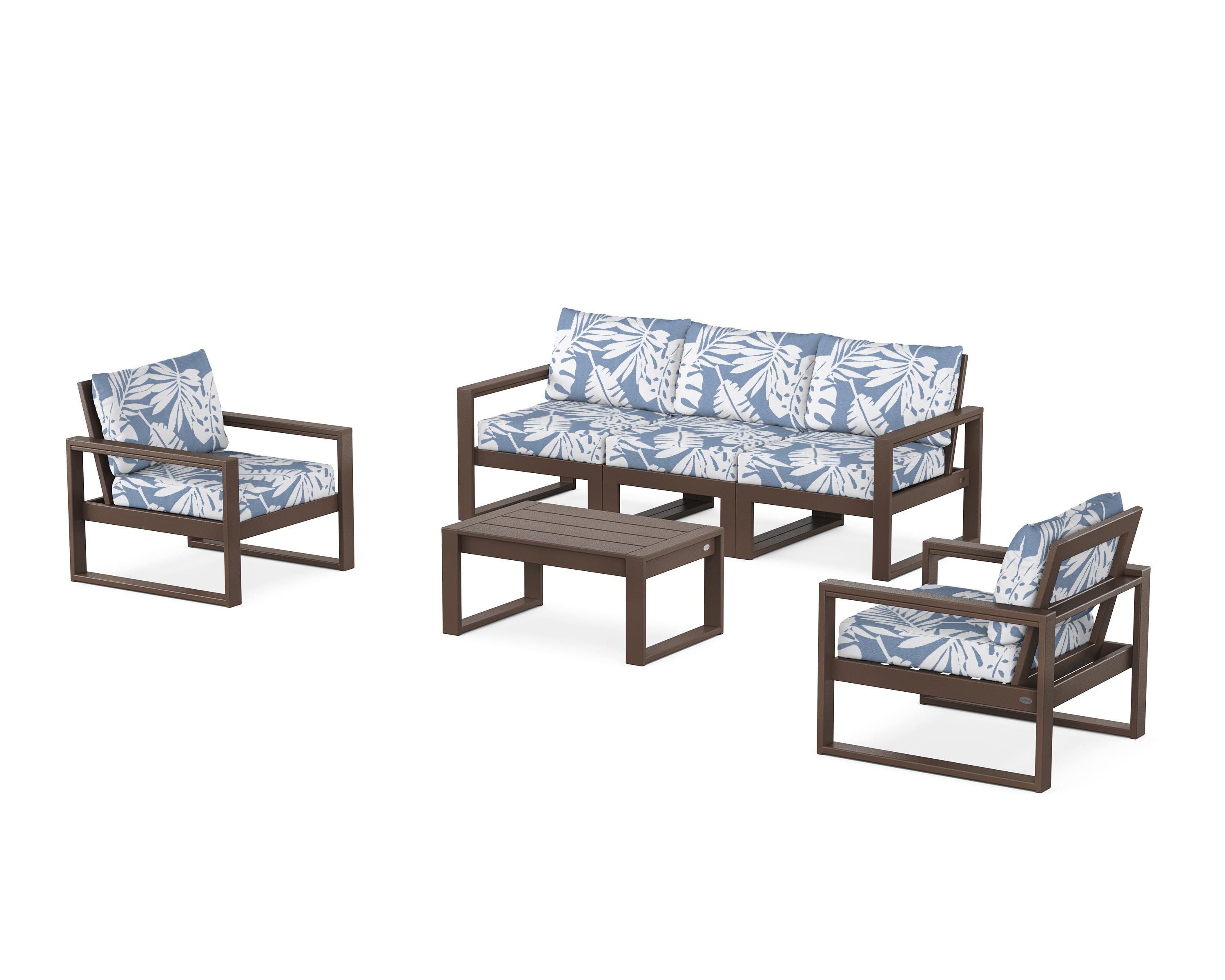 POLYWOOD EDGE Sectional 4-Piece Deep Seating Set with Sofa in Mahogany / Leaf Sky Blue