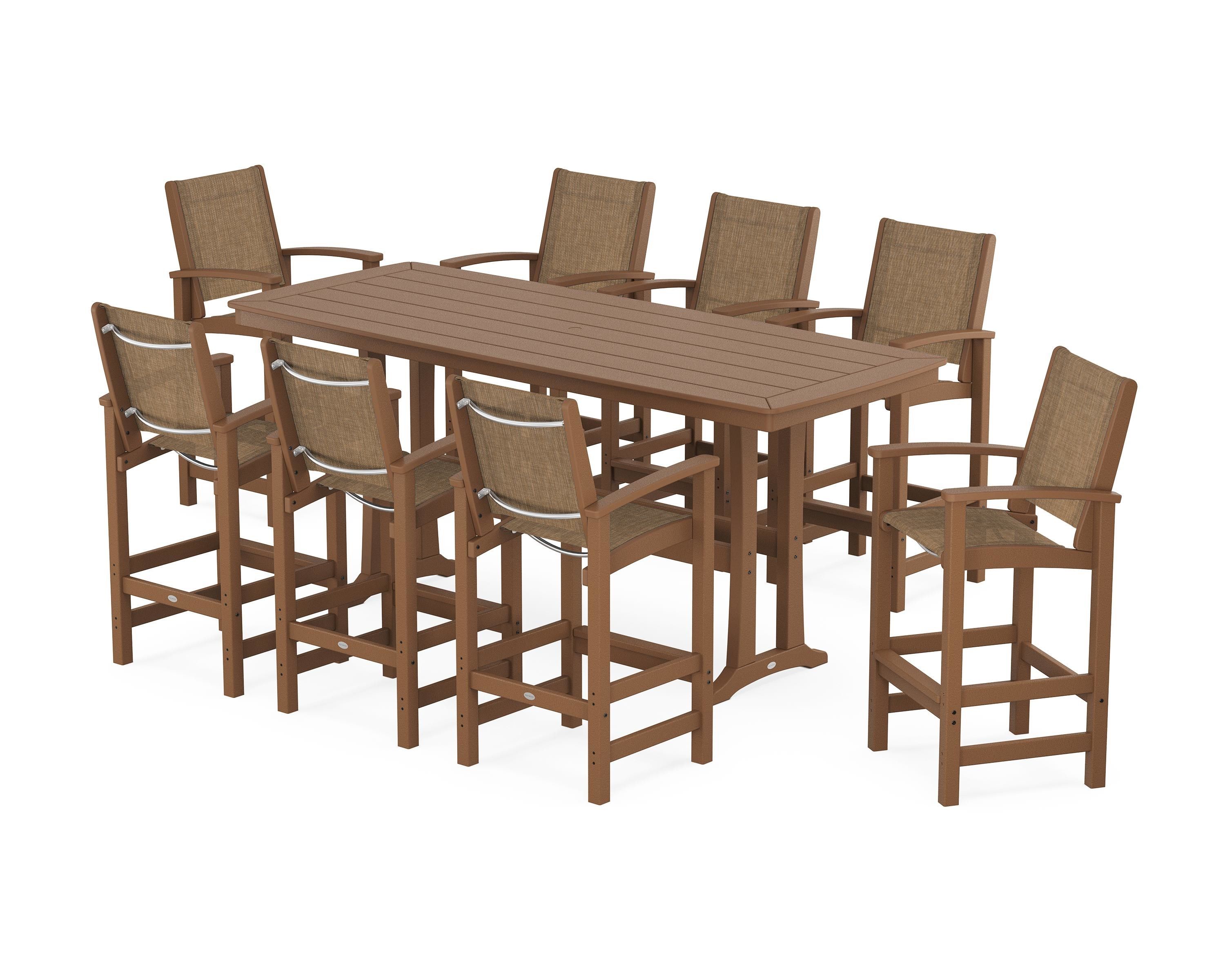 POLYWOOD Coastal 9-Piece Bar Set with Trestle Legs in Teak / Burlap Sling