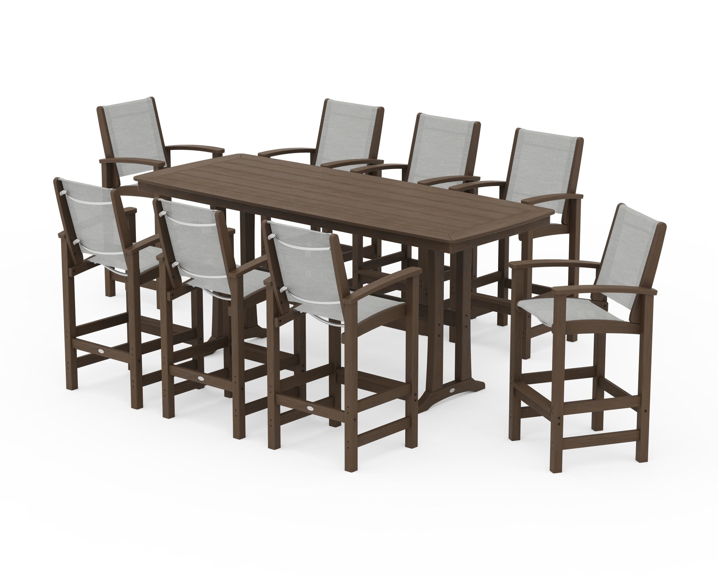 POLYWOOD Coastal 9-Piece Bar Set with Trestle Legs in Kona / Metallic Sling