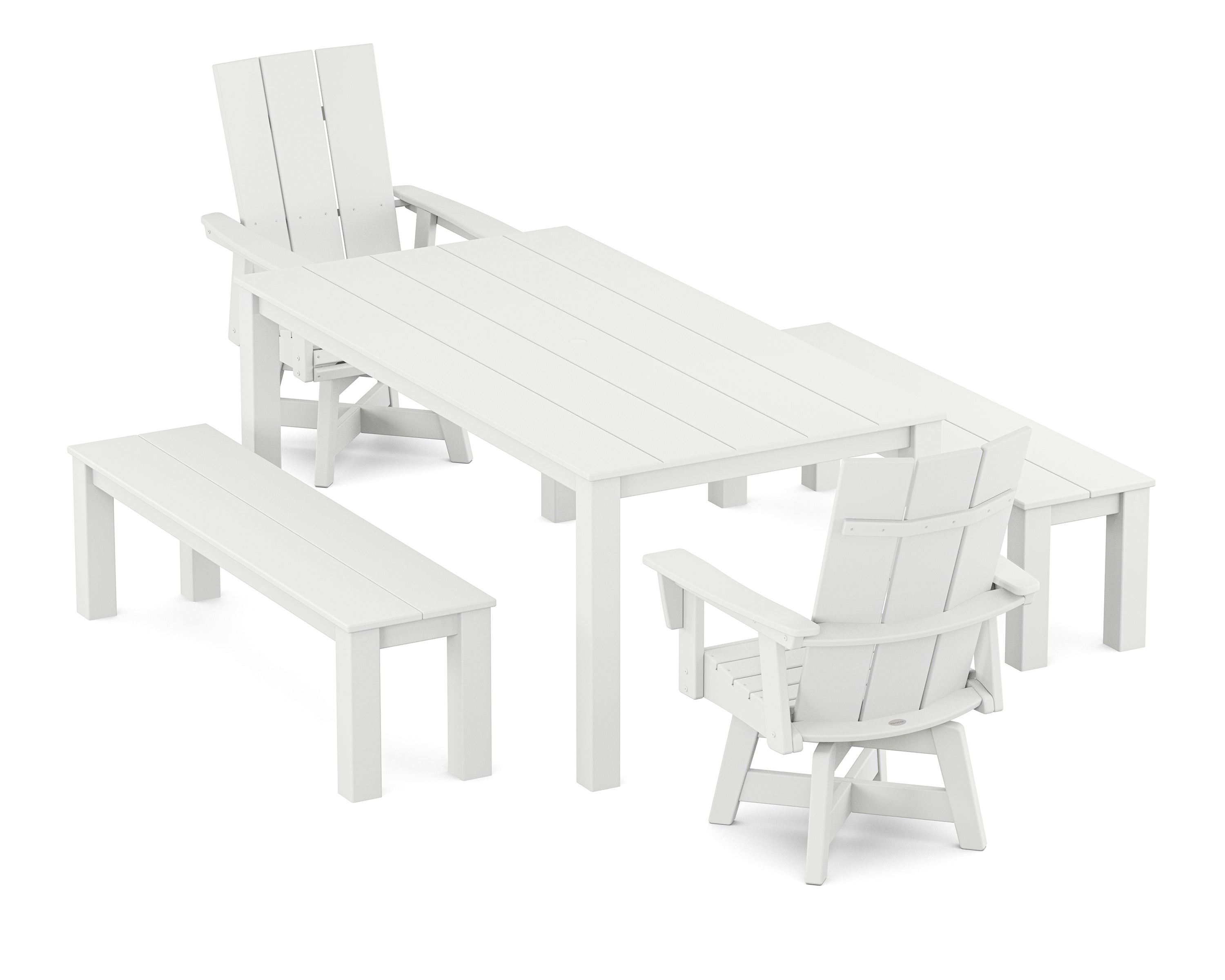 POLYWOOD® Modern Curveback Adirondack 5-Piece Parsons Swivel Dining Set with Benches in White