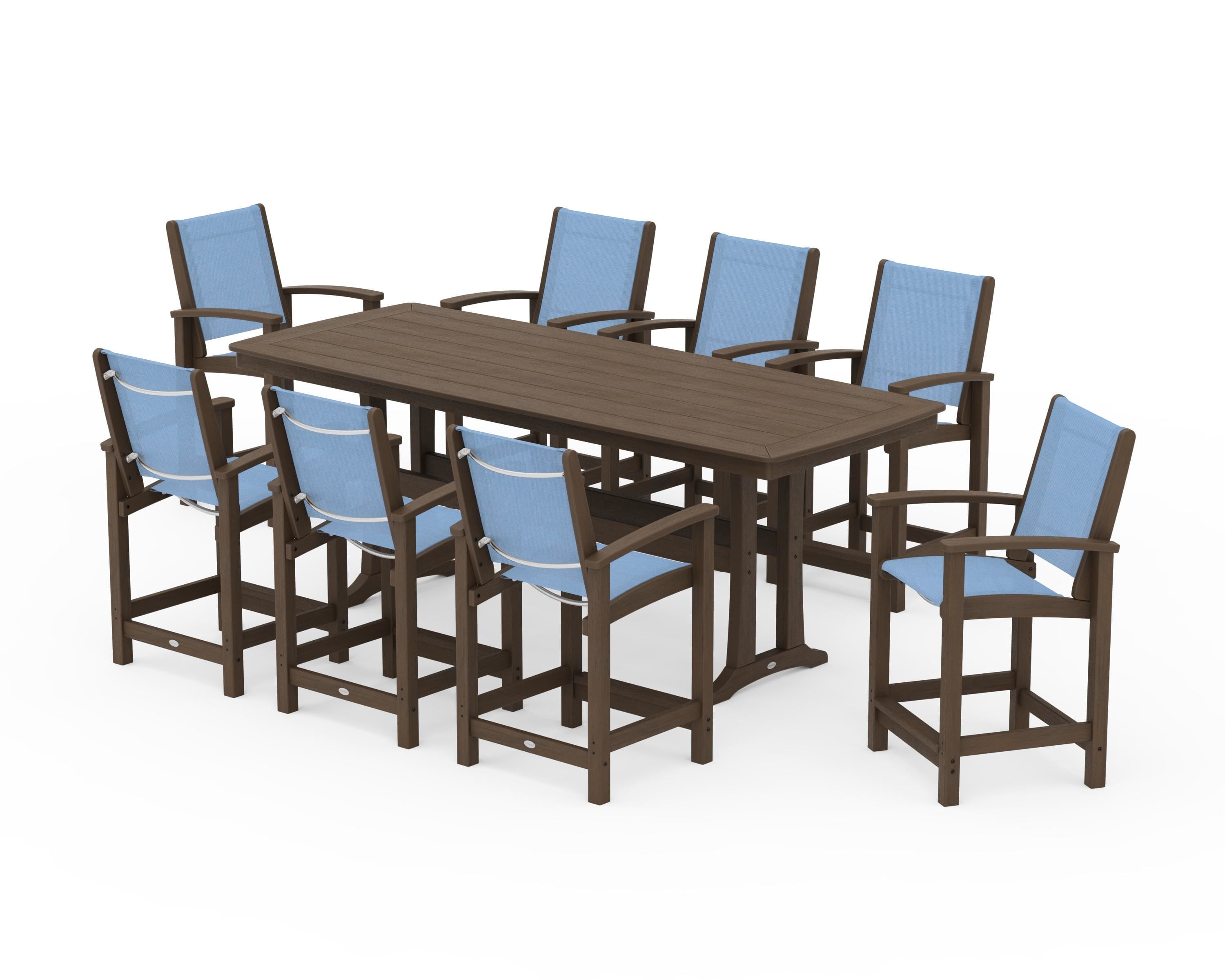 POLYWOOD Coastal 9-Piece Counter Set with Trestle Legs in Kona / Poolside Sling