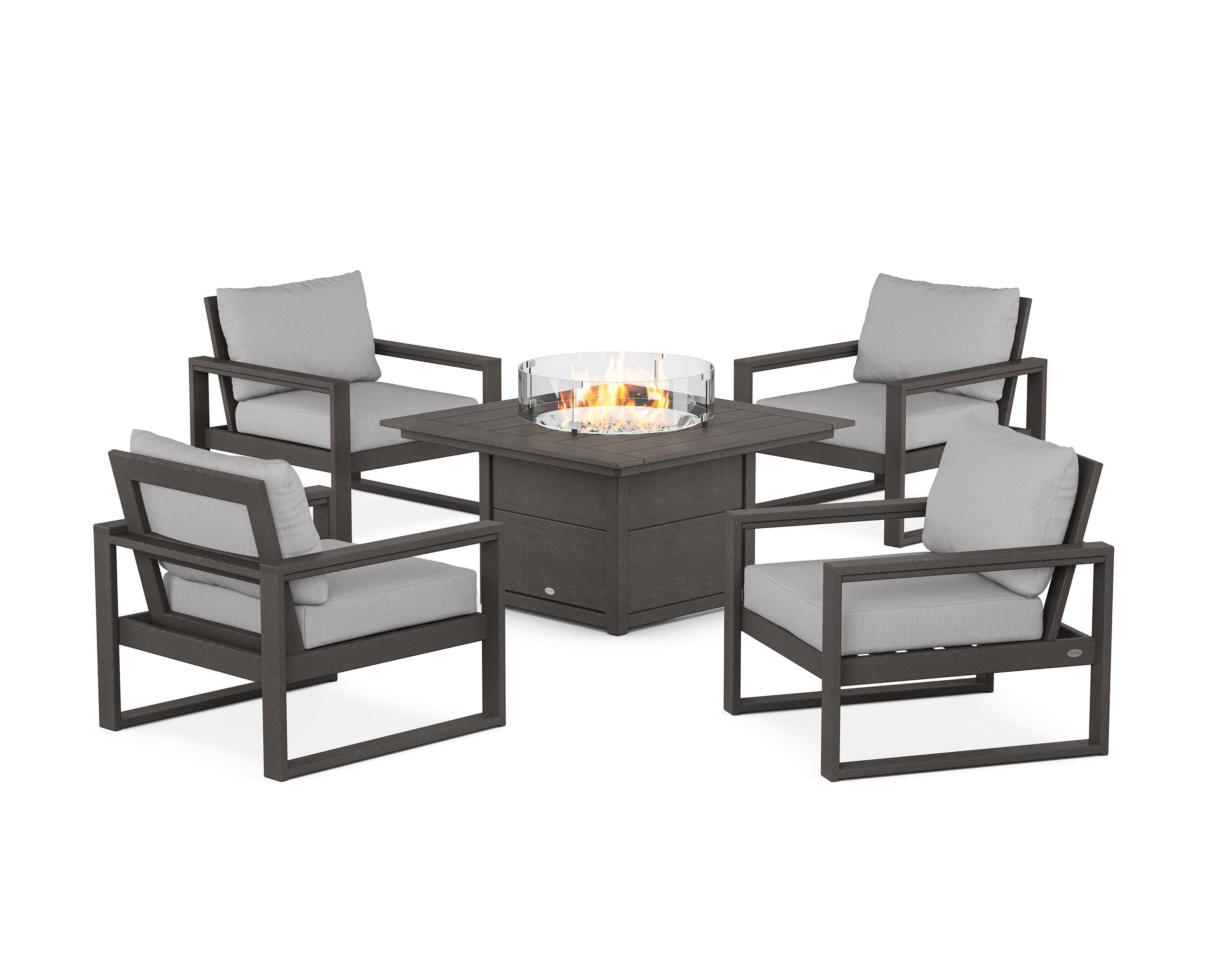POLYWOOD EDGE Sectional 5-Piece Deep Seating Set with Fire Pit Table in Vintage Coffee / Granite