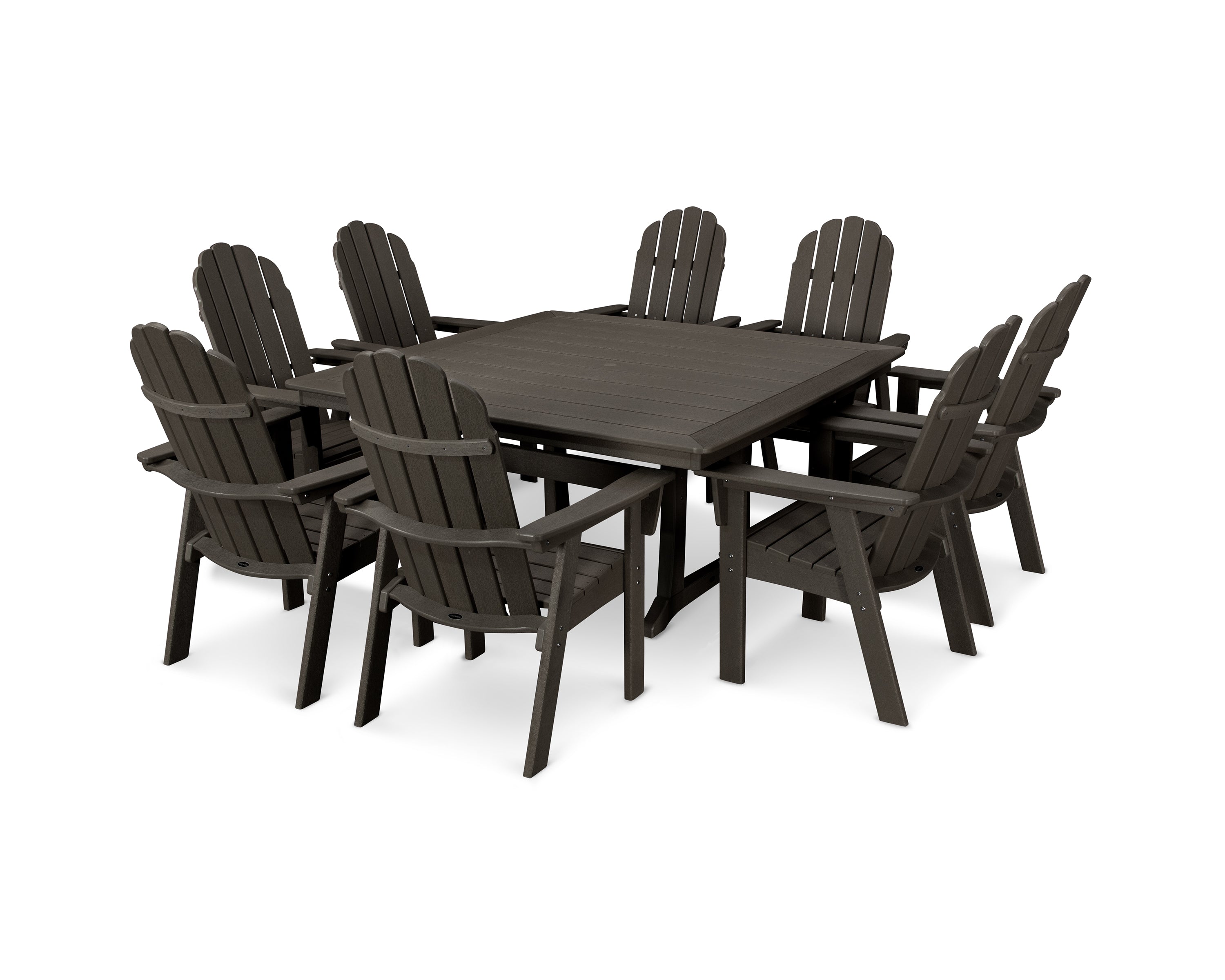 POLYWOOD® Vineyard Curveback Adirondack 9-Piece Nautical Trestle Dining Set in Vintage Coffee