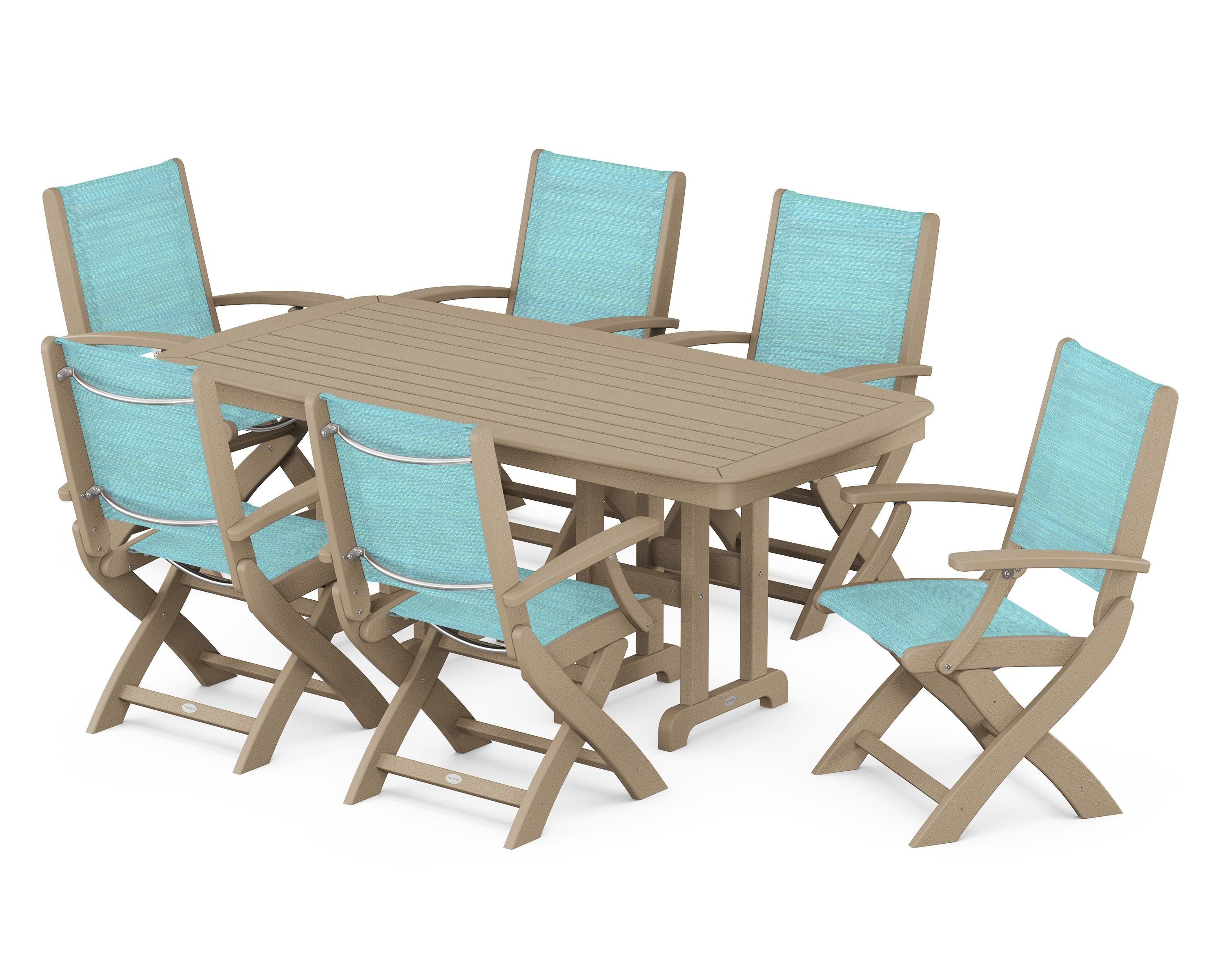 POLYWOOD Coastal Folding Arm Chair 7-Piece Dining Set in Vintage Sahara / Dupioni Aquamarine Sling