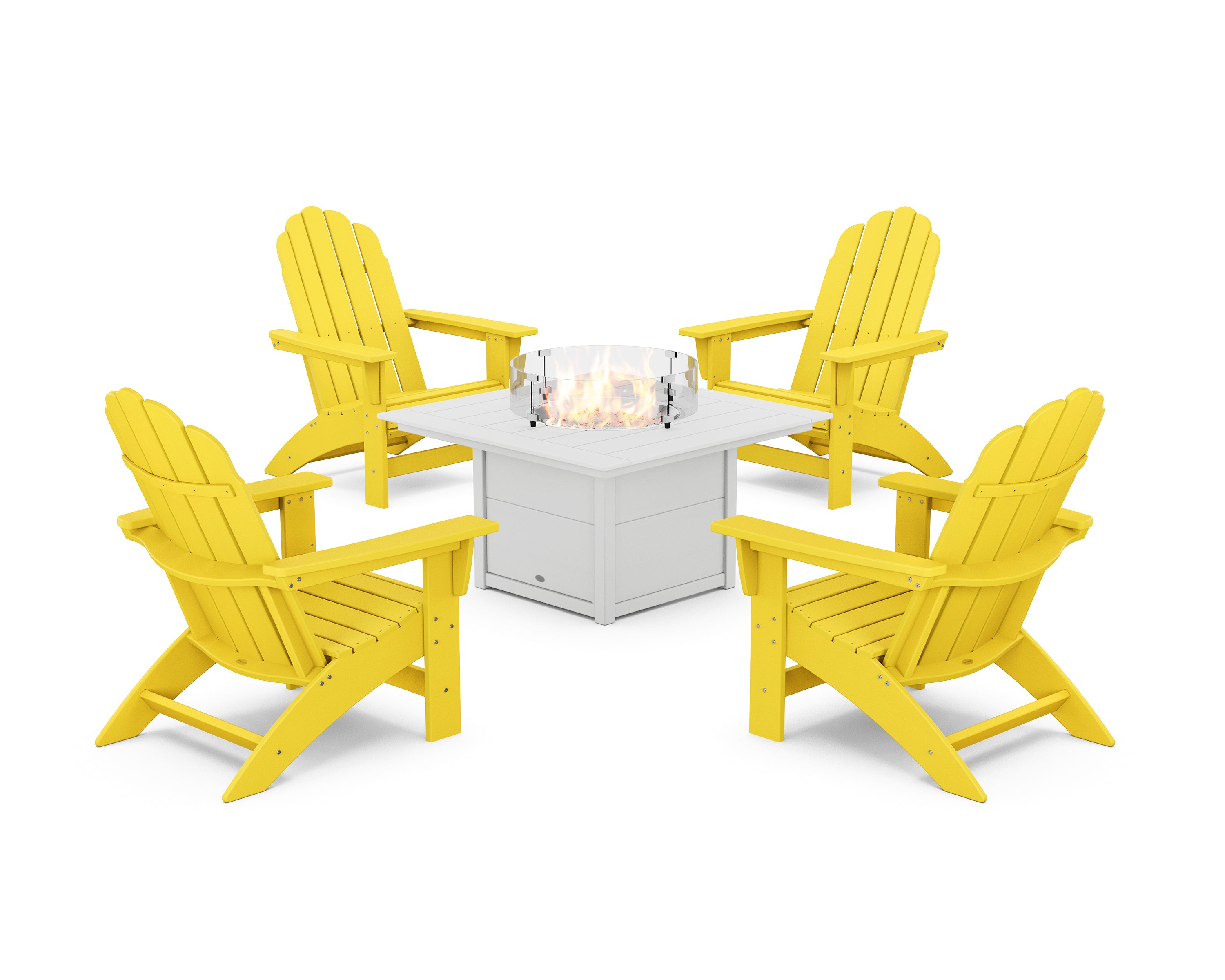 POLYWOOD® 5-Piece Vineyard Grand Adirondack Conversation Set with Fire Pit Table in Lemon / White