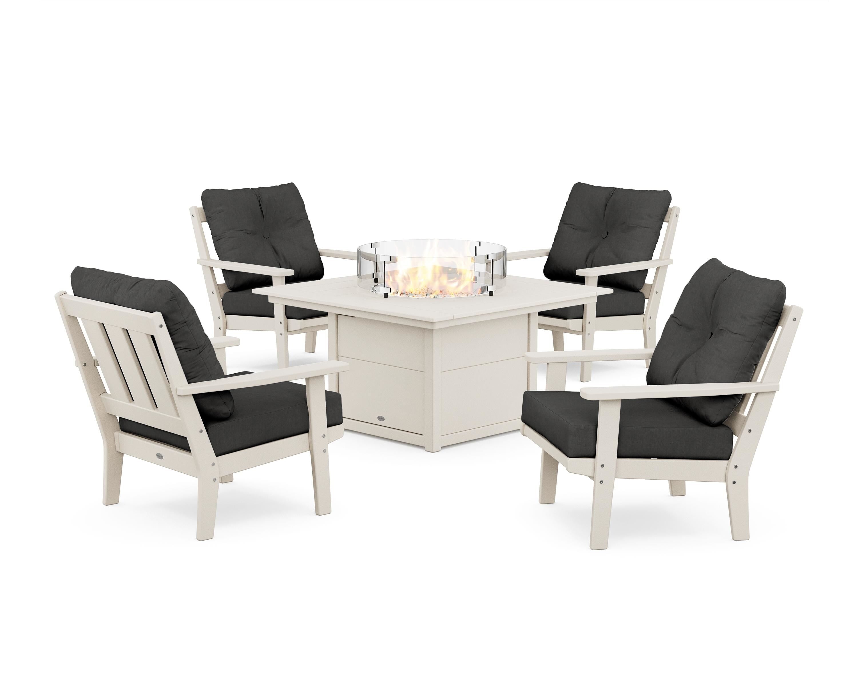 POLYWOOD Oxford 5-Piece Deep Seating Set with Fire Pit Table in Sand / Spectrum Carbon