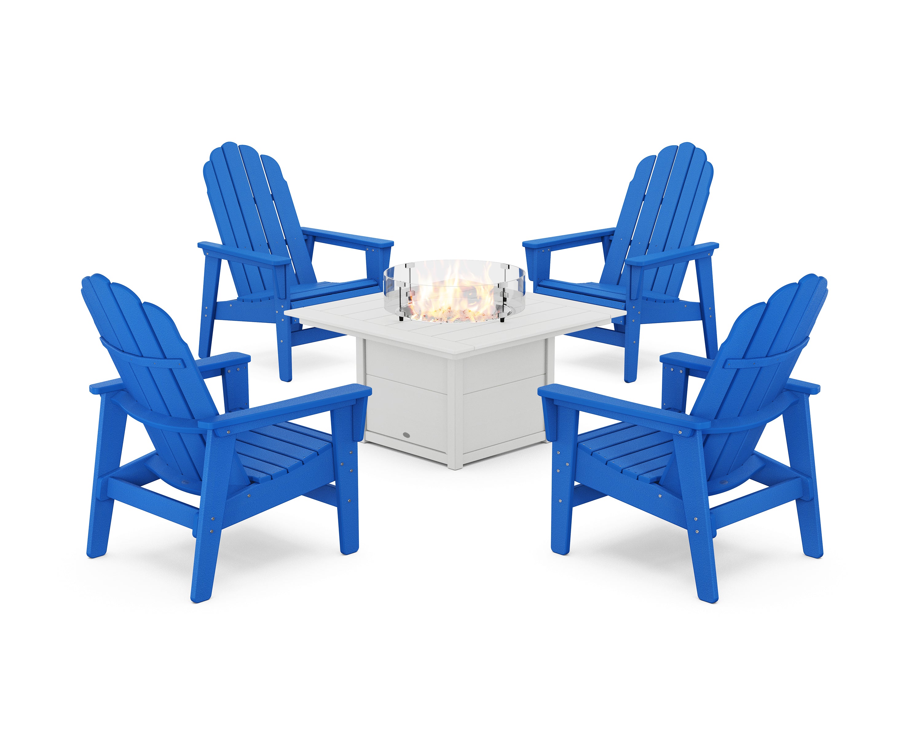 POLYWOOD® 5-Piece Vineyard Grand Upright Adirondack Conversation Set with Fire Pit Table in Pacific Blue / White