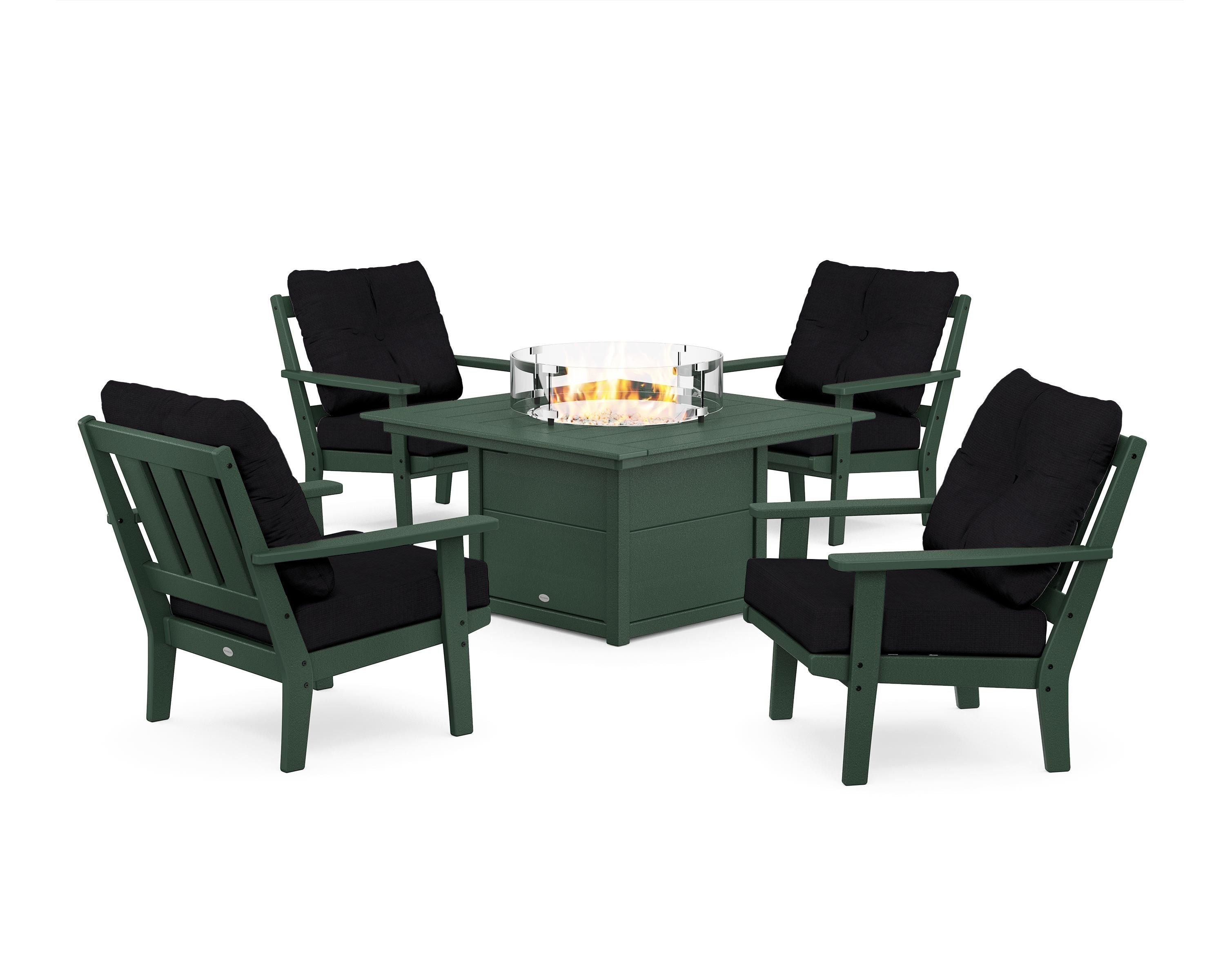 POLYWOOD Oxford 5-Piece Deep Seating Set with Fire Pit Table in Green / Midnight Linen